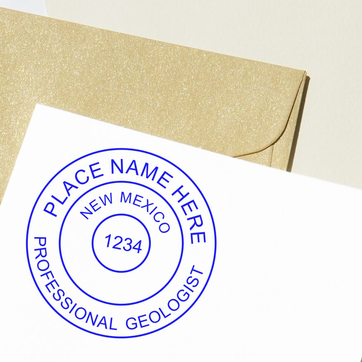 An alternative view of the Slim Pre-Inked New Mexico Professional Geologist Seal Stamp stamped on a sheet of paper showing the image in use