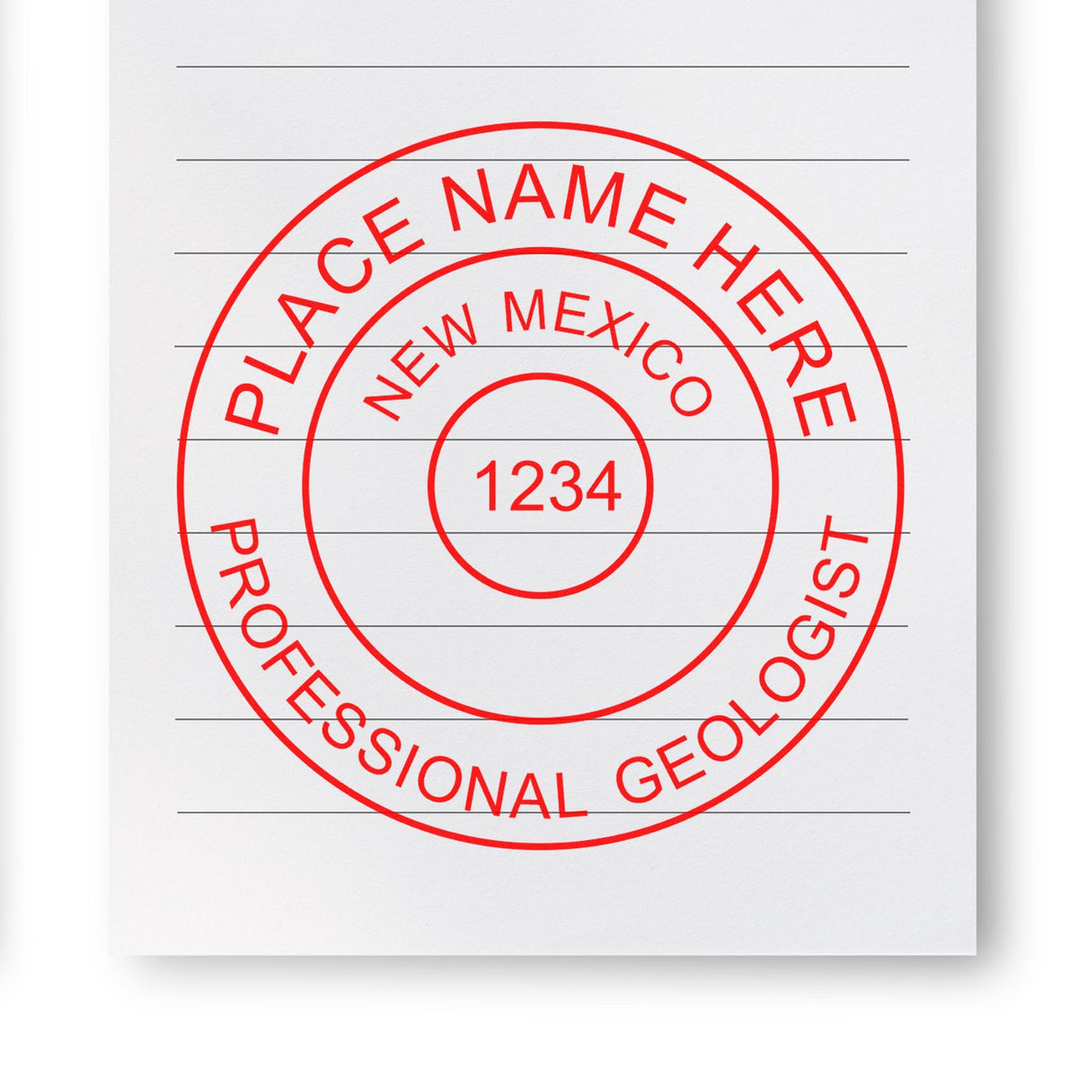 An in use photo of the New Mexico Professional Geologist Seal Stamp showing a sample imprint on a cardstock