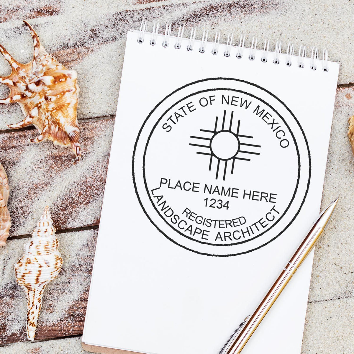 This paper is stamped with a sample imprint of the Slim Pre-Inked New Mexico Landscape Architect Seal Stamp, signifying its quality and reliability.