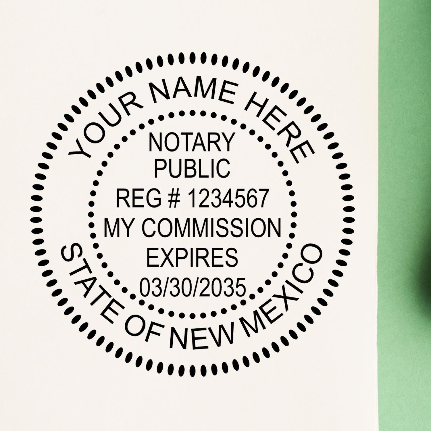 This paper is stamped with a sample imprint of the Official Self-Inking New Mexico Notary Stamp, signifying its quality and reliability.
