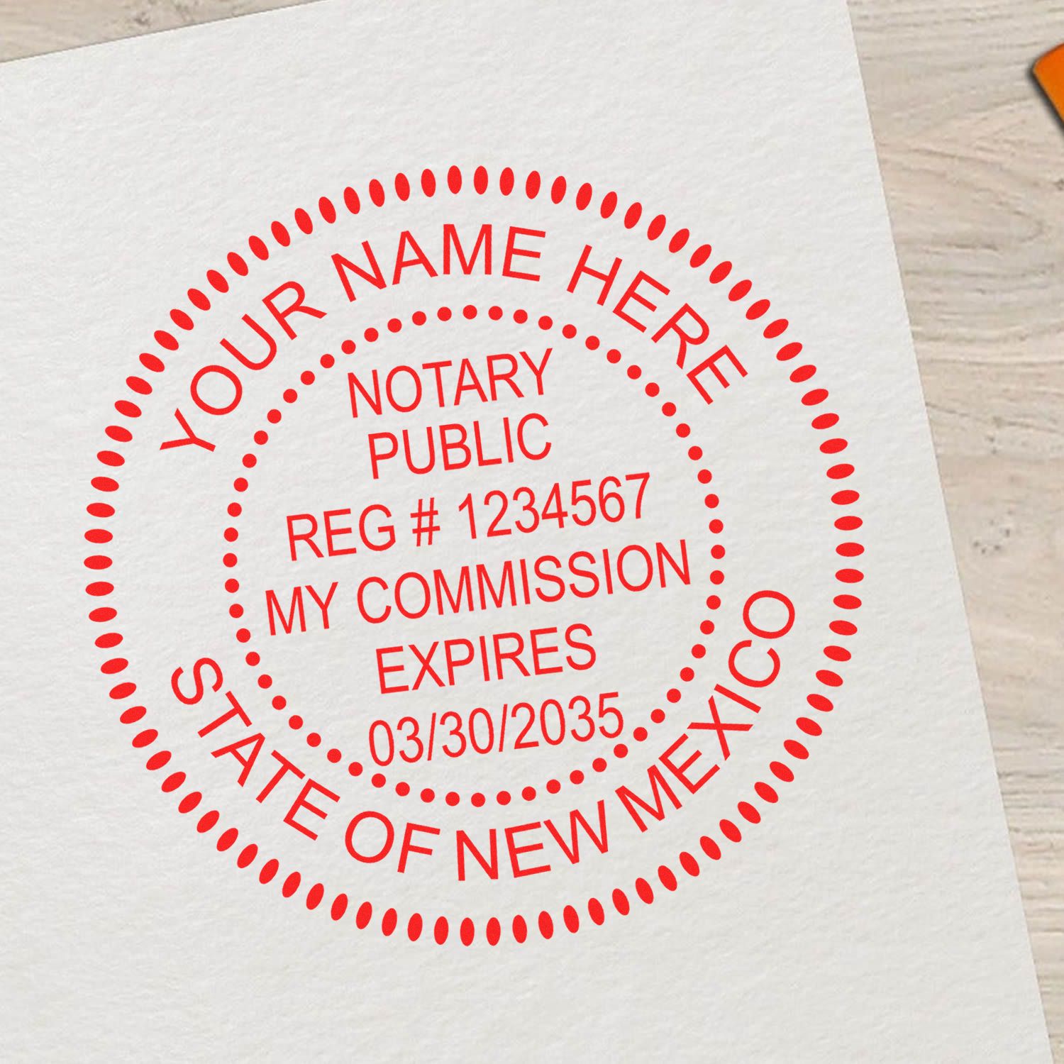 Round New Mexico Notary Public Seal Stamp in use photo showing a stamped imprint of the Round New Mexico Notary Public Seal Stamp