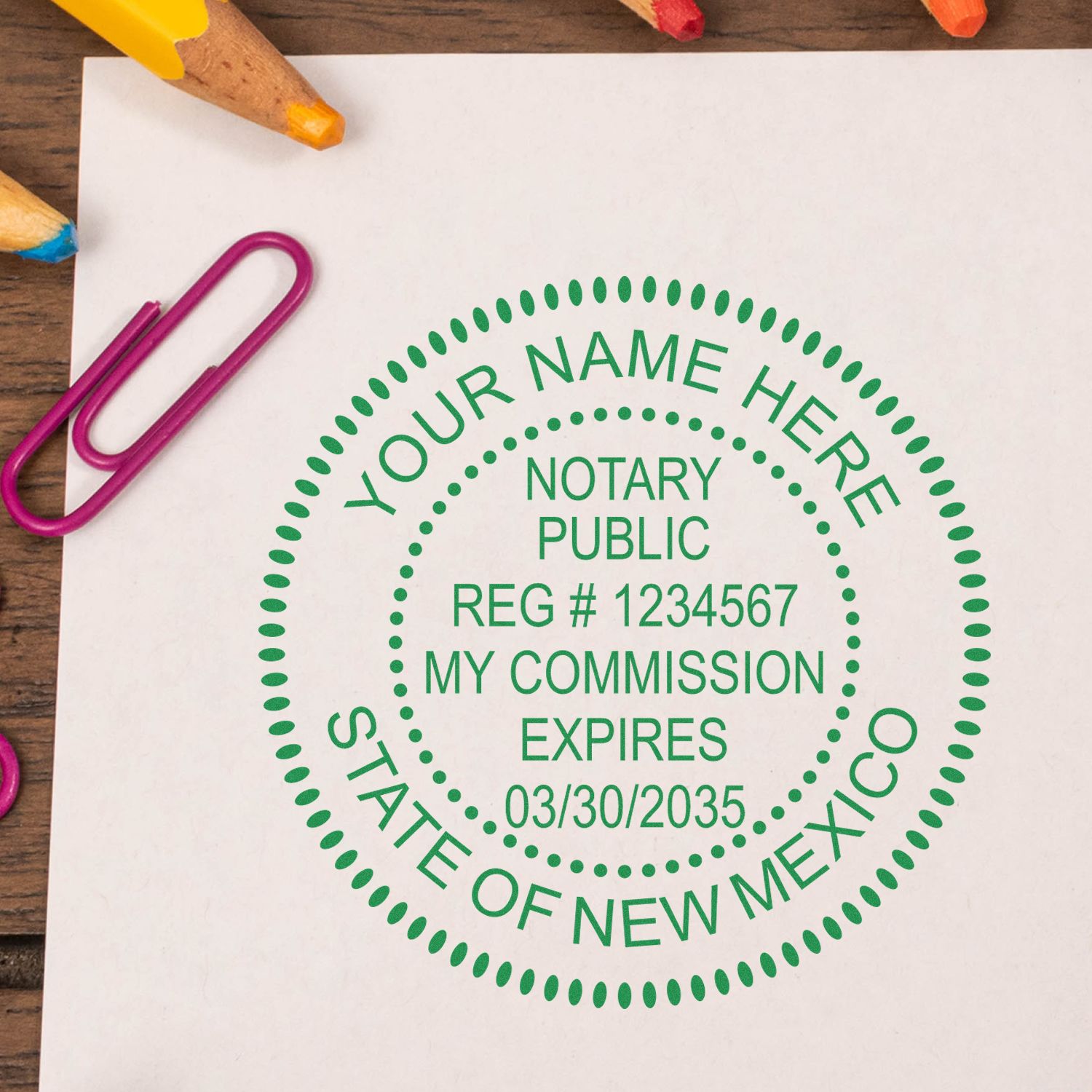 A lifestyle photo showing a stamped image of the Premium Pre-Inked New Mexico MaxLight Notary Public Stamp on a piece of paper