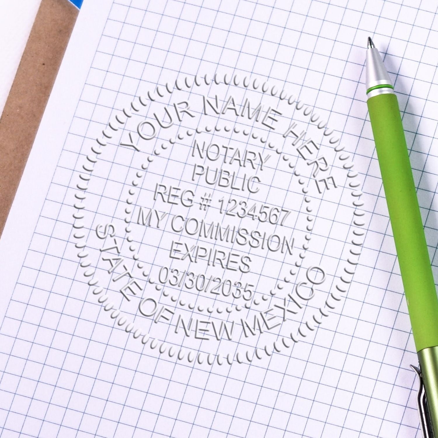 A stamped impression of the New Mexico Desk Notary Public Seal in this stylish lifestyle photo, setting the tone for a unique and personalized product.