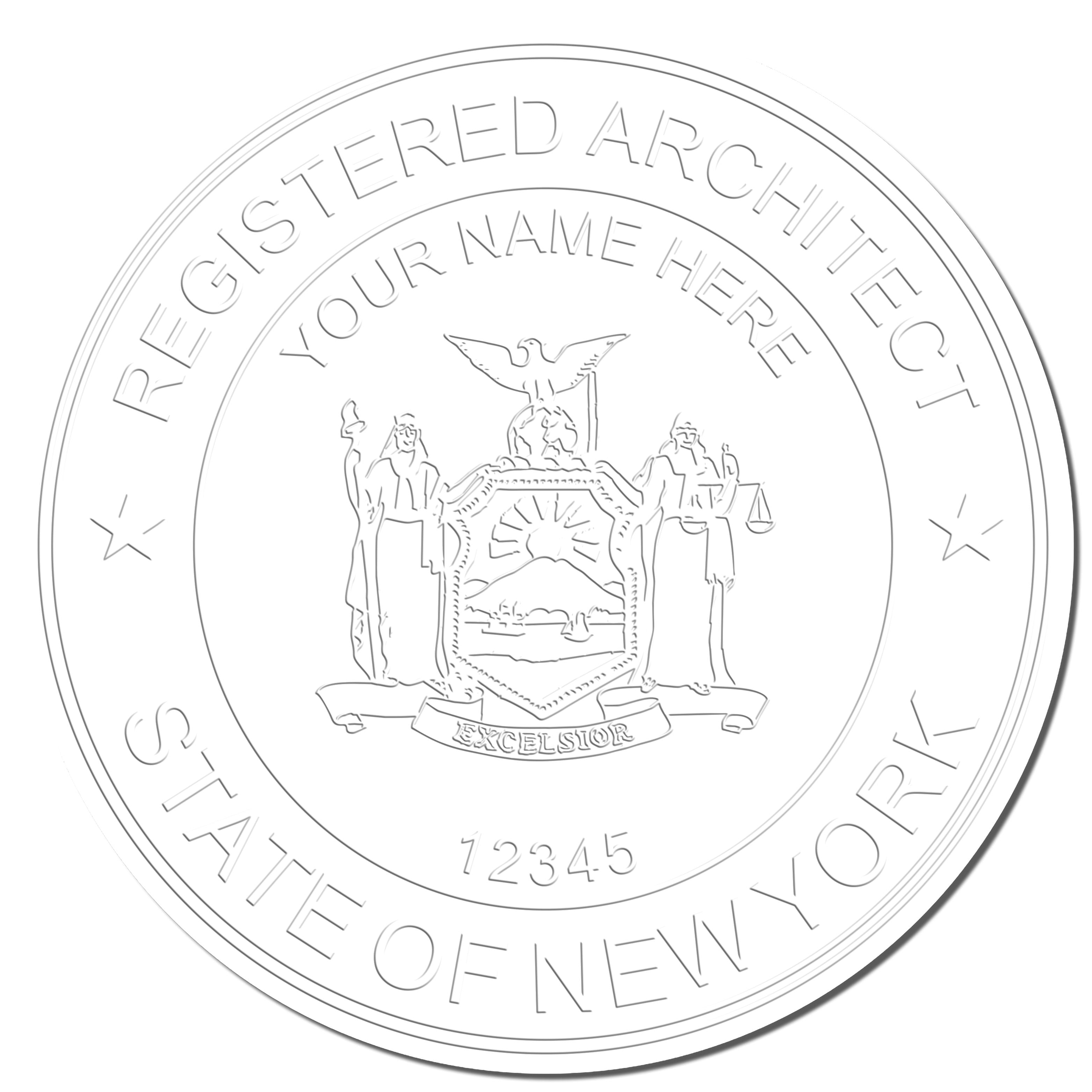 Close-up of Trodat New York Architect Seal Embosser imprint showing detailed state outline and embossed architect's seal on paper.