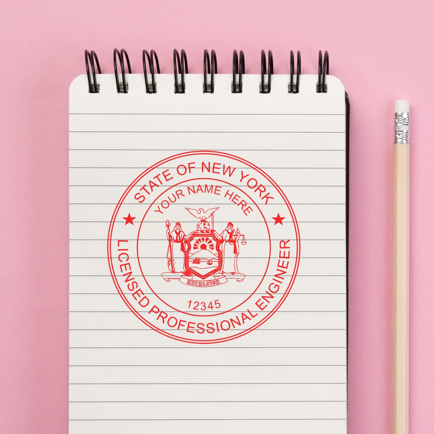 The main image for the New York Professional Engineer Seal Stamp depicting a sample of the imprint and electronic files