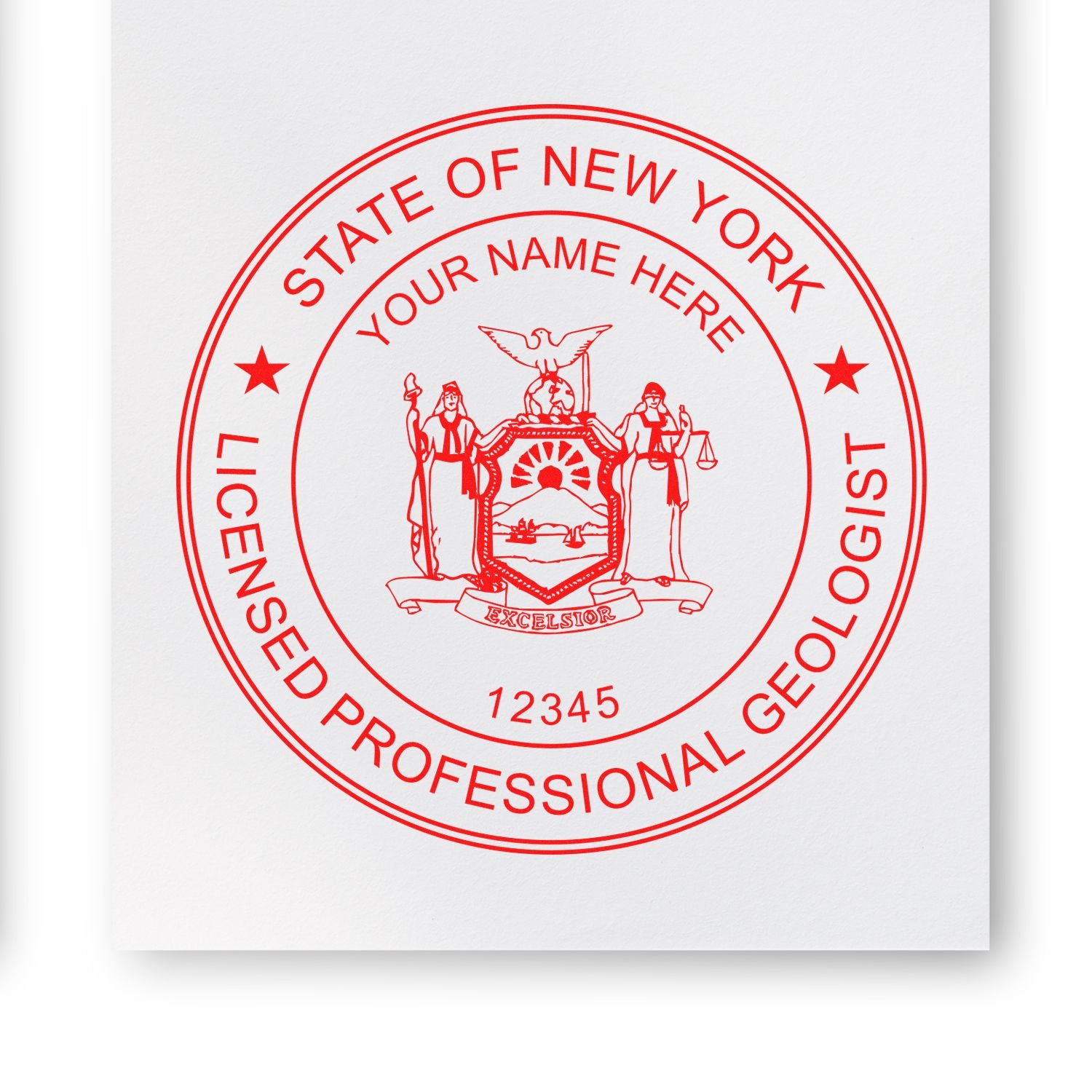 An in use photo of the New York Professional Geologist Seal Stamp showing a sample imprint on a cardstock
