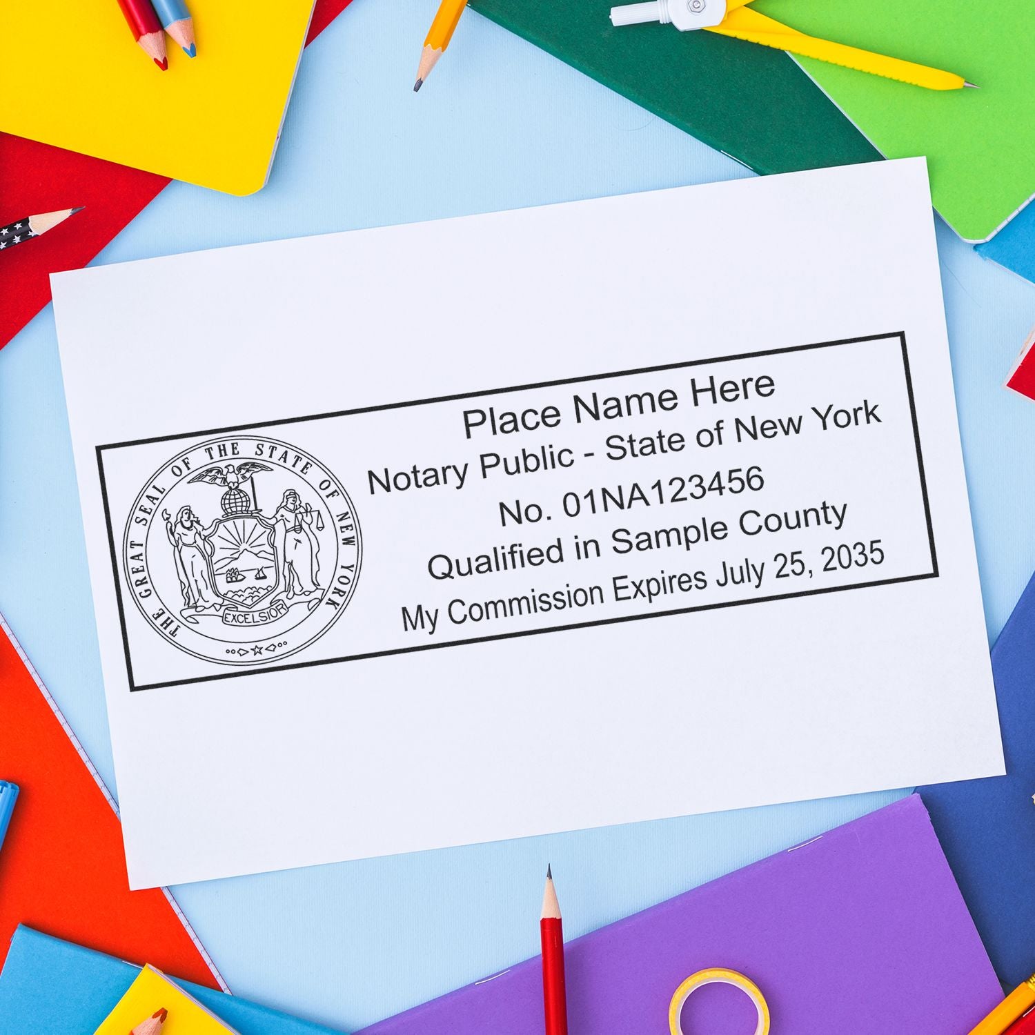 A lifestyle photo showing a stamped image of the MaxLight Premium Pre-Inked New York State Seal Notarial Stamp on a piece of paper