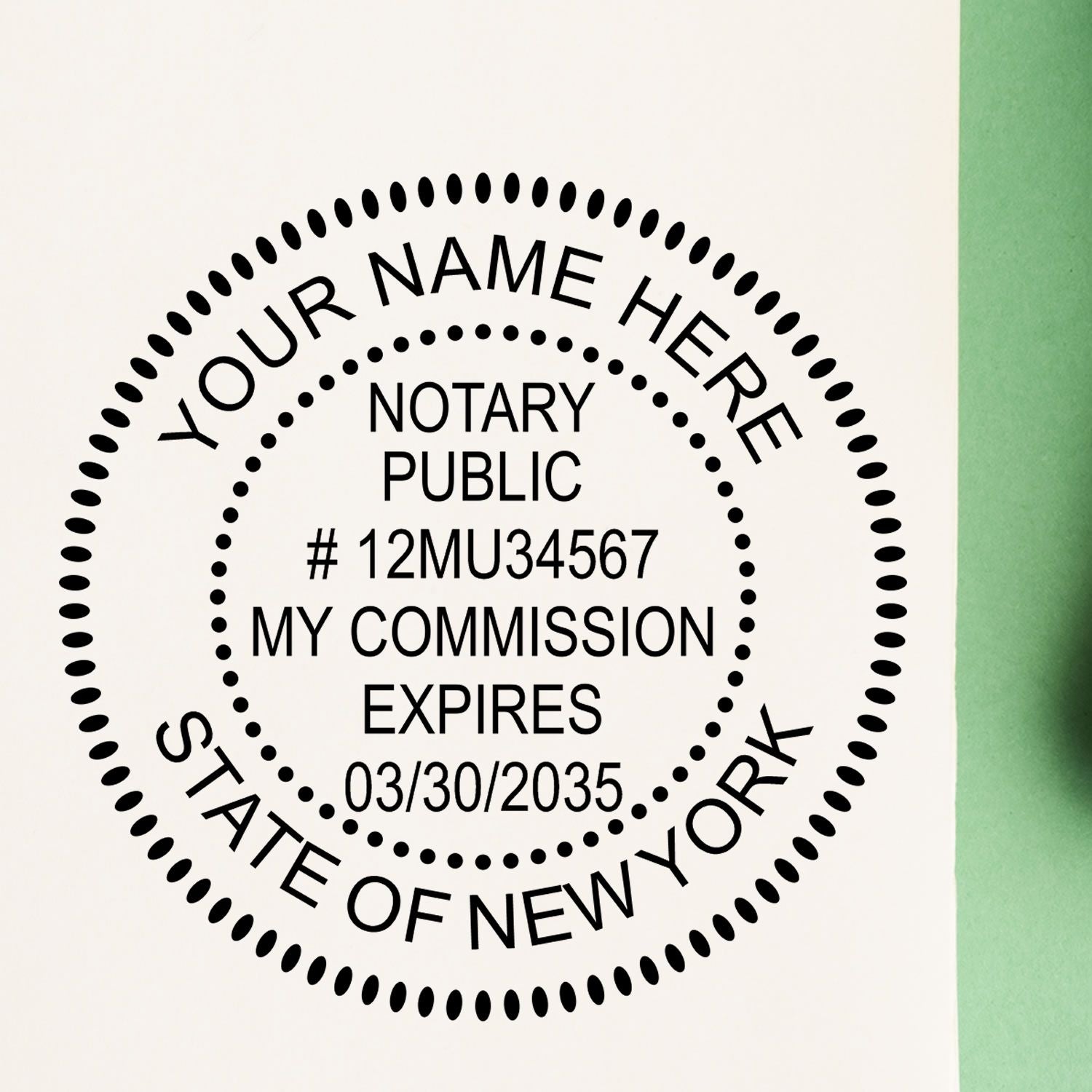 An alternative view of the Premium Pre-Inked New York MaxLight Notary Public Stamp stamped on a sheet of paper showing the image in use