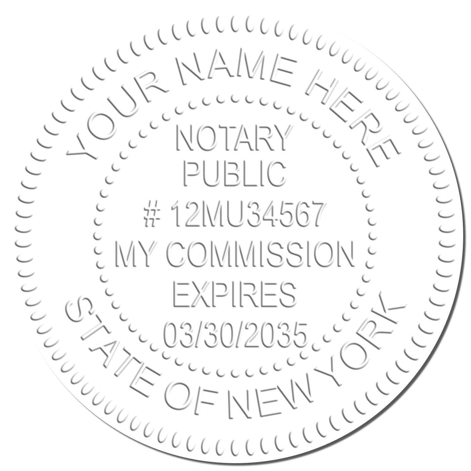 This paper is stamped with a sample imprint of the New York Handheld Notary Seal Embosser, signifying its quality and reliability.