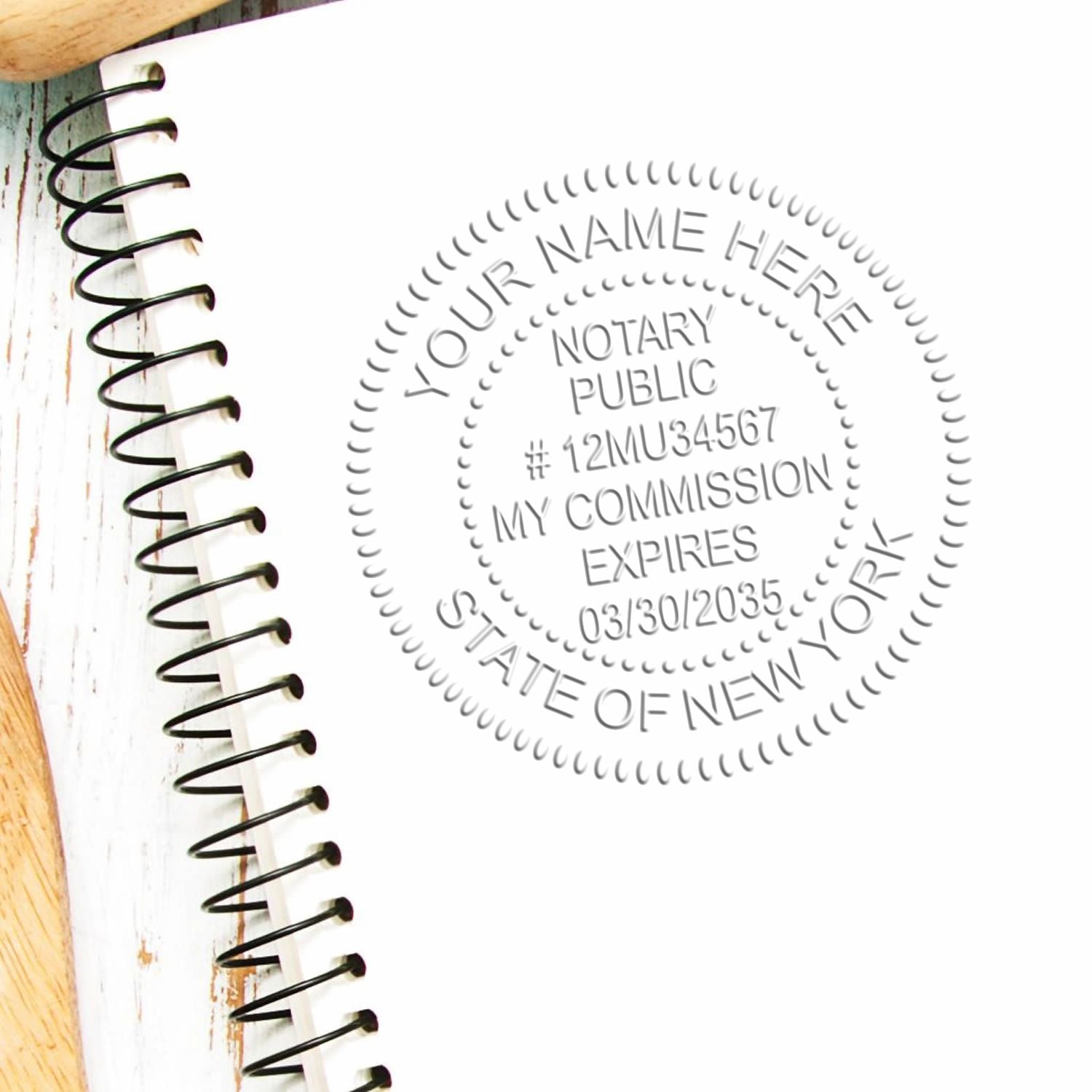 A photograph of the New York Desk Notary Public Seal stamp impression reveals a vivid, professional image of the on paper.