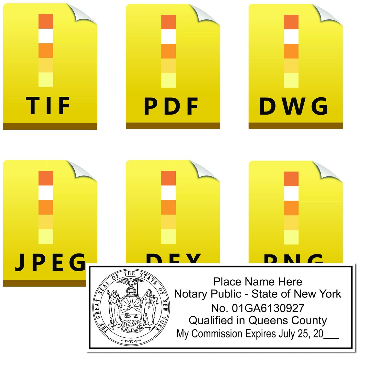 The main image for the New York Rectangular Digital Notary Seal depicting a sample of the imprint and electronic files