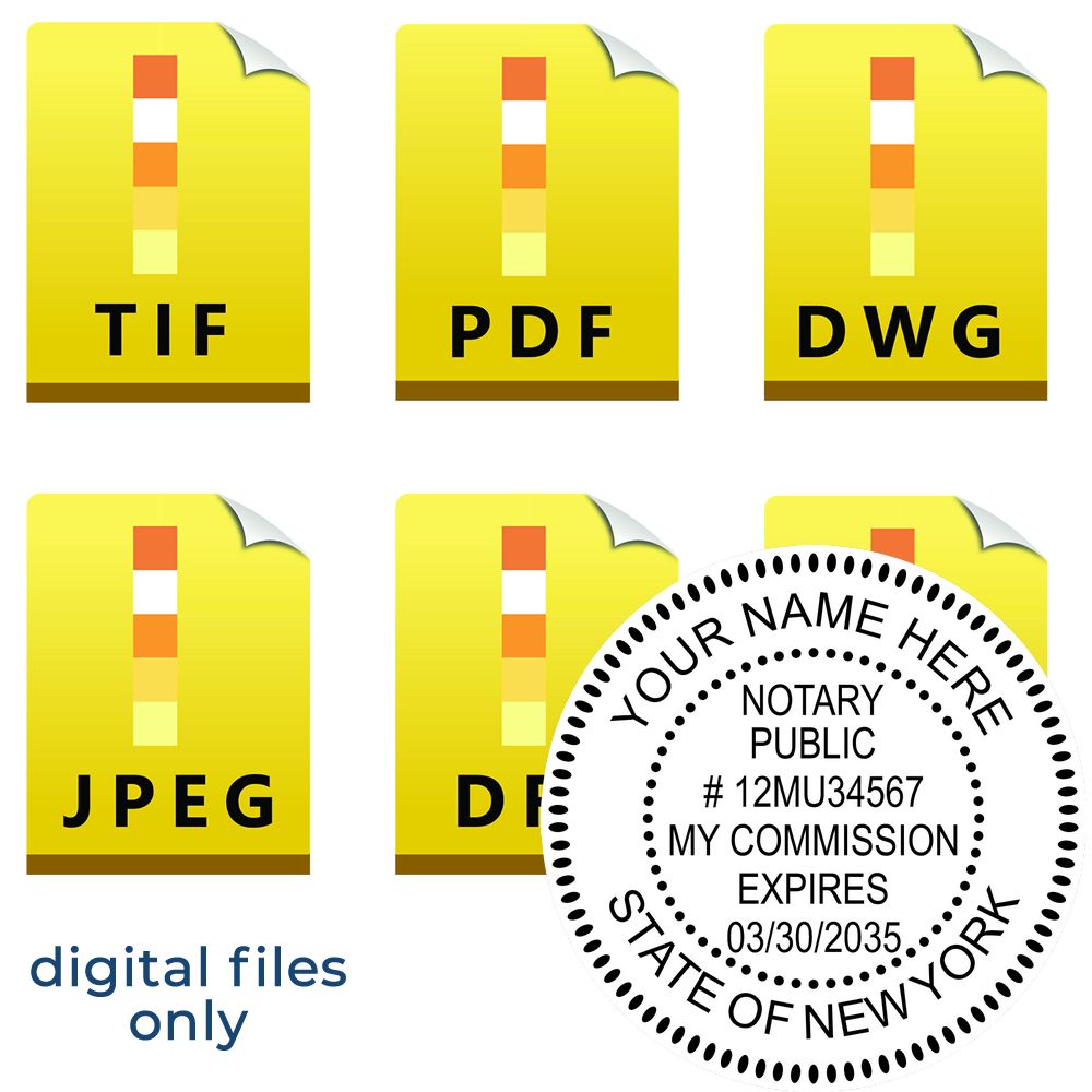 The main image for the New York Round Electronic Notary Stamp depicting a sample of the imprint and electronic files