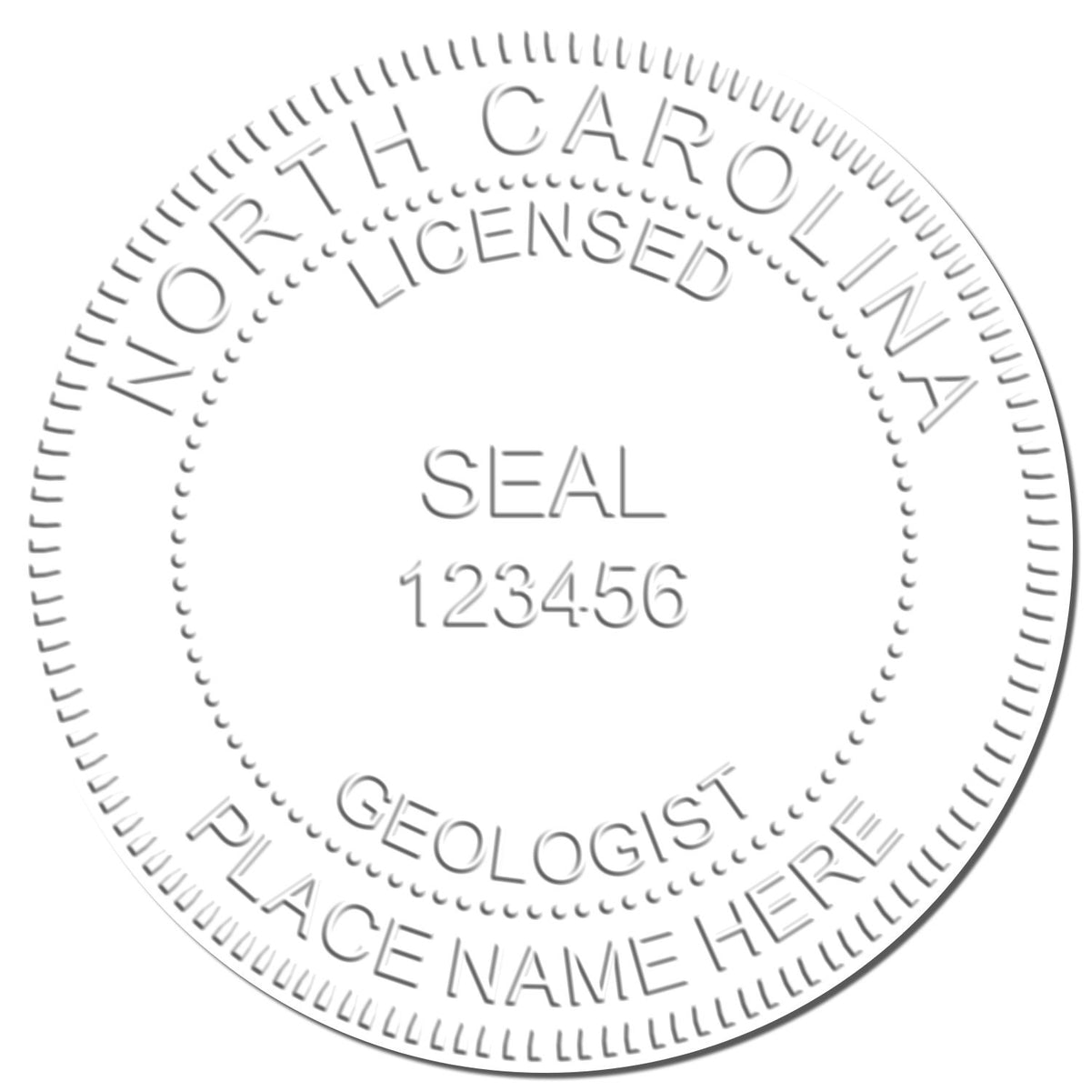 An in use photo of the Heavy Duty Cast Iron North Carolina Geologist Seal Embosser showing a sample imprint on a cardstock