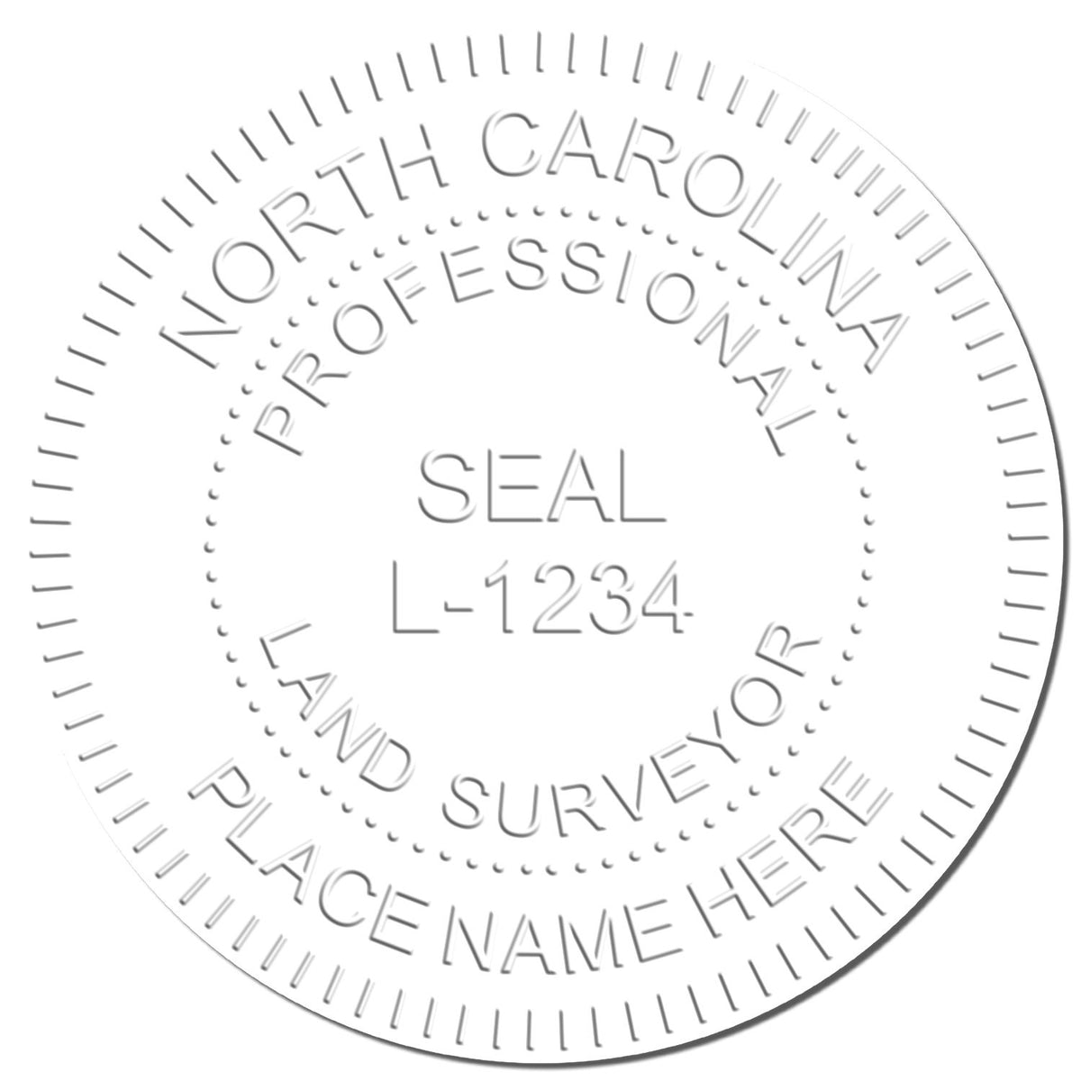 This paper is stamped with a sample imprint of the State of North Carolina Soft Land Surveyor Embossing Seal, signifying its quality and reliability.
