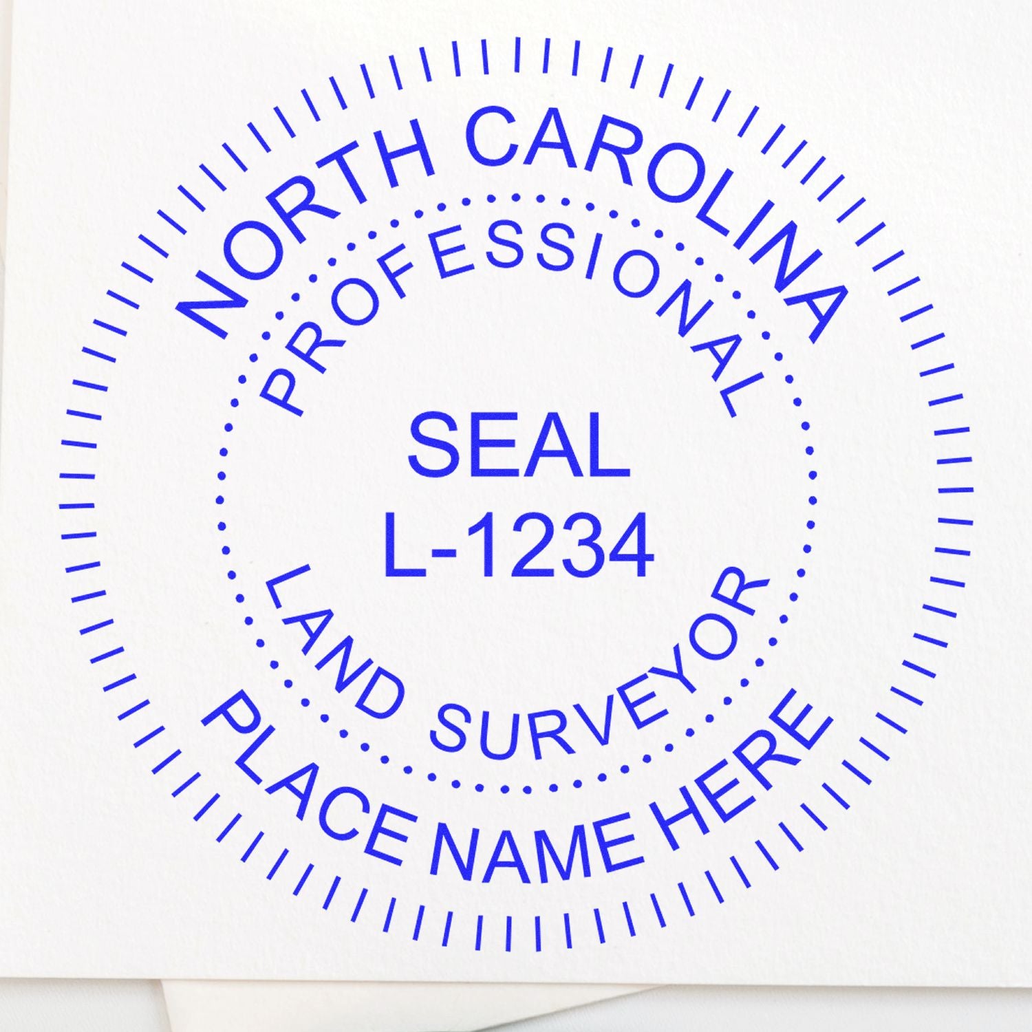 North Carolina Land Surveyor Seal Stamp, NC PLS Stamp, with customizable text for professional land surveyors in North Carolina.