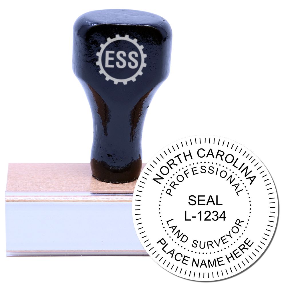 North Carolina Land Surveyor Seal Stamp, NC PLS Stamp with a wooden handle and a sample imprint showing professional land surveyor details.