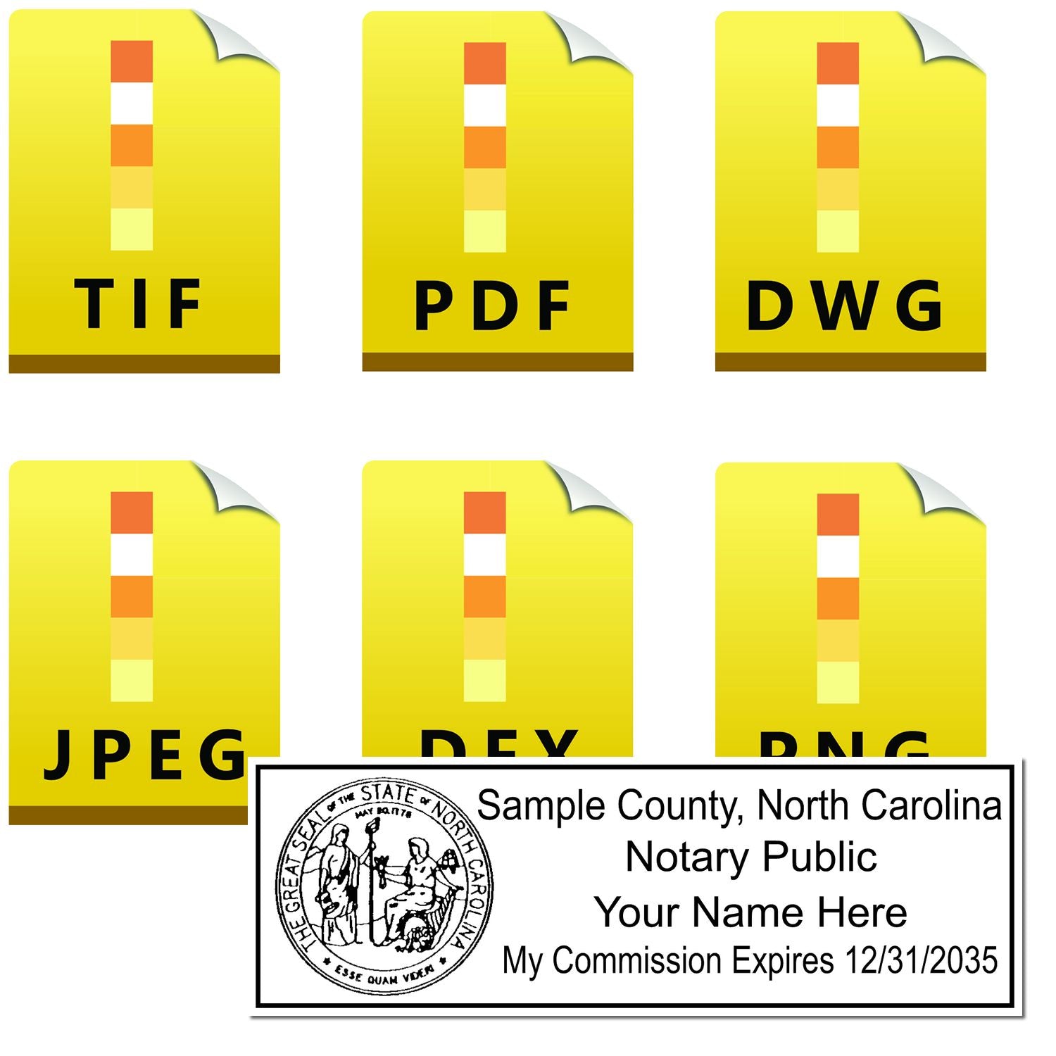 The main image for the North Carolina Rectangular Digital Notary Seal depicting a sample of the imprint and electronic files