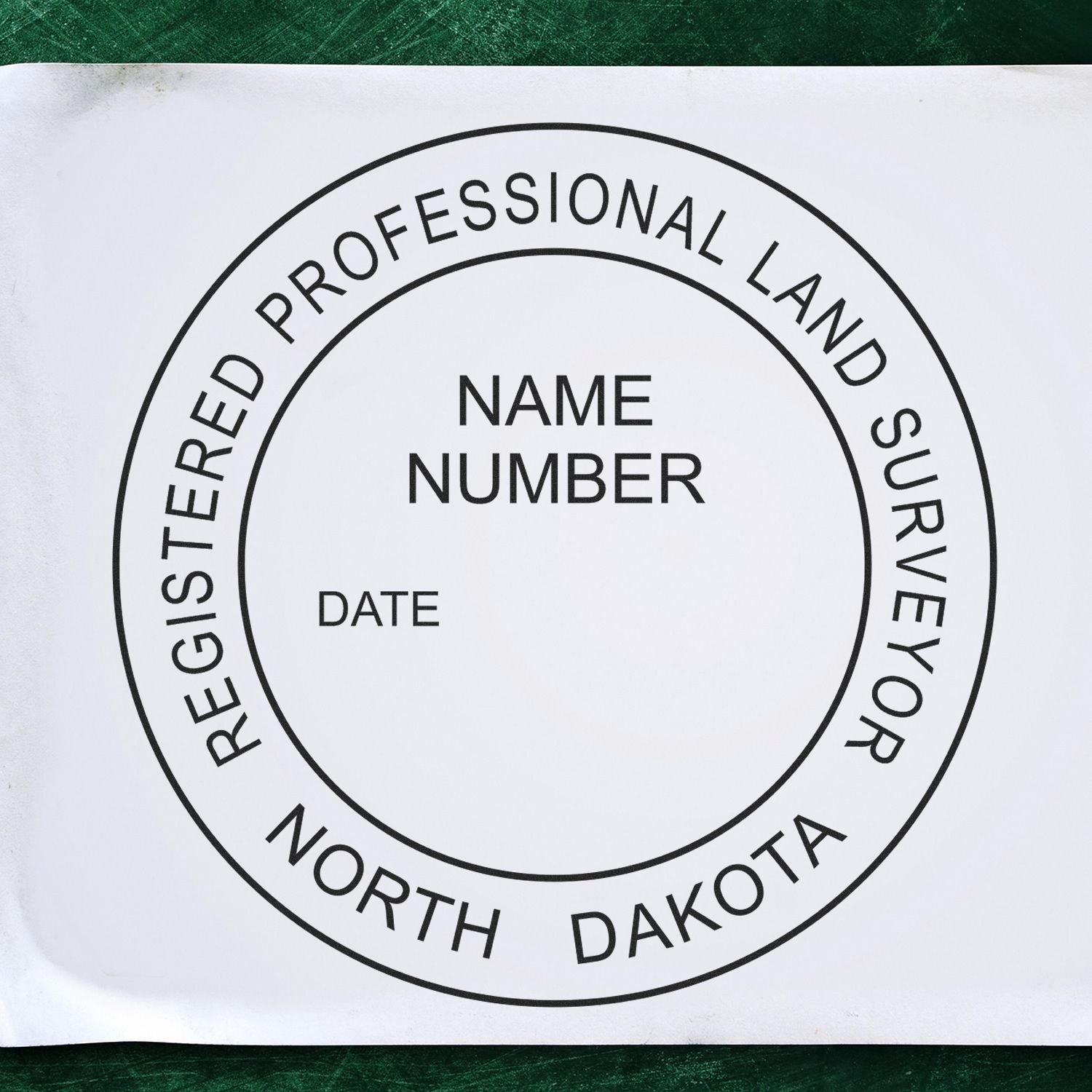 North Dakota Land Surveyor Seal Stamp, ND PLS Stamp with customizable fields for name, number, and date on a white background.