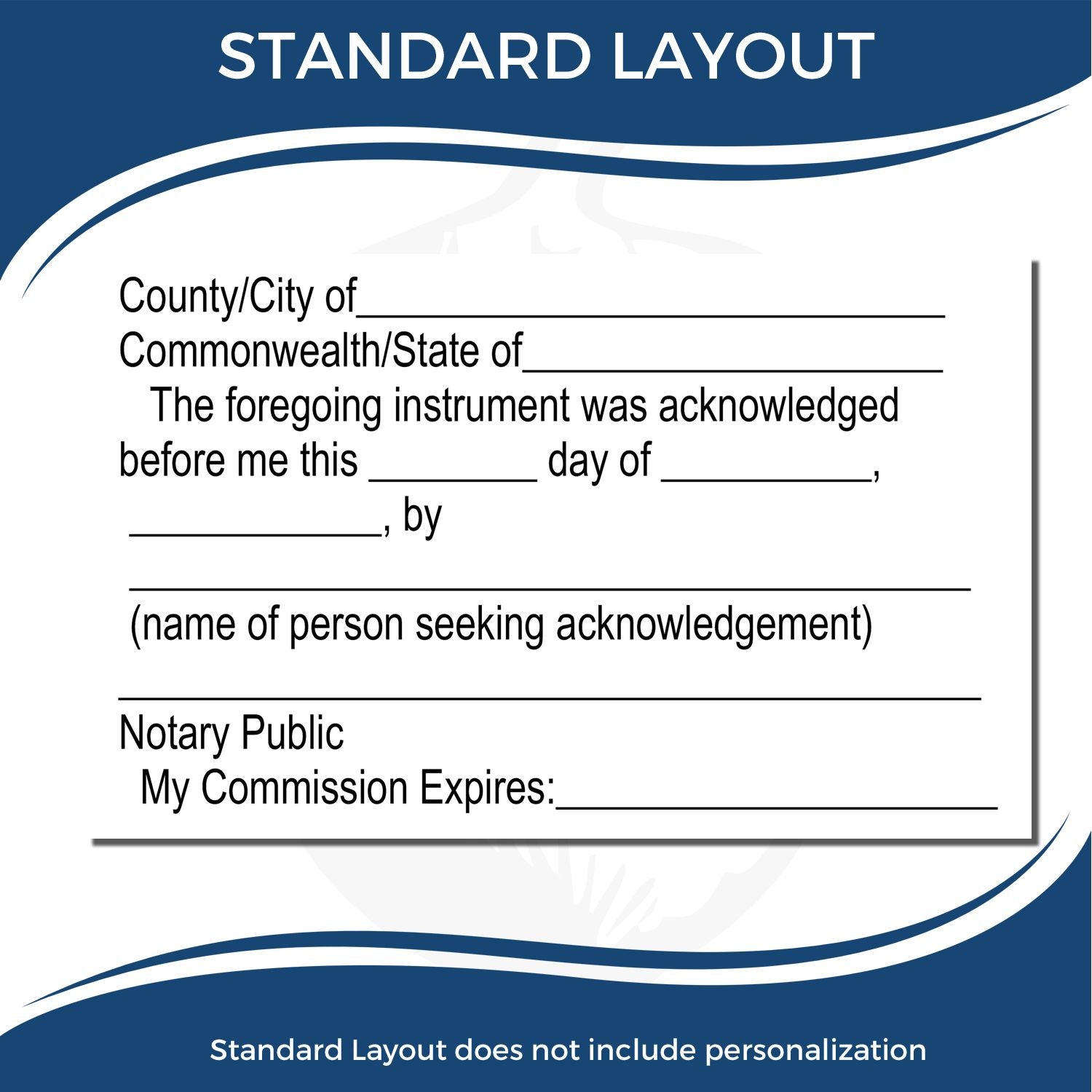 MaxLight Pre-Inked Notary Acknowledgment Stamp with standard layout for notarization, including fields for location, date, and notary details.
