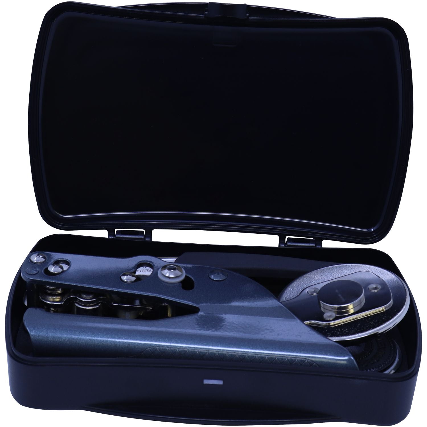 Notary Seal Storage Box with a notary seal embosser inside, shown with the lid open, displaying the compact and organized storage solution.