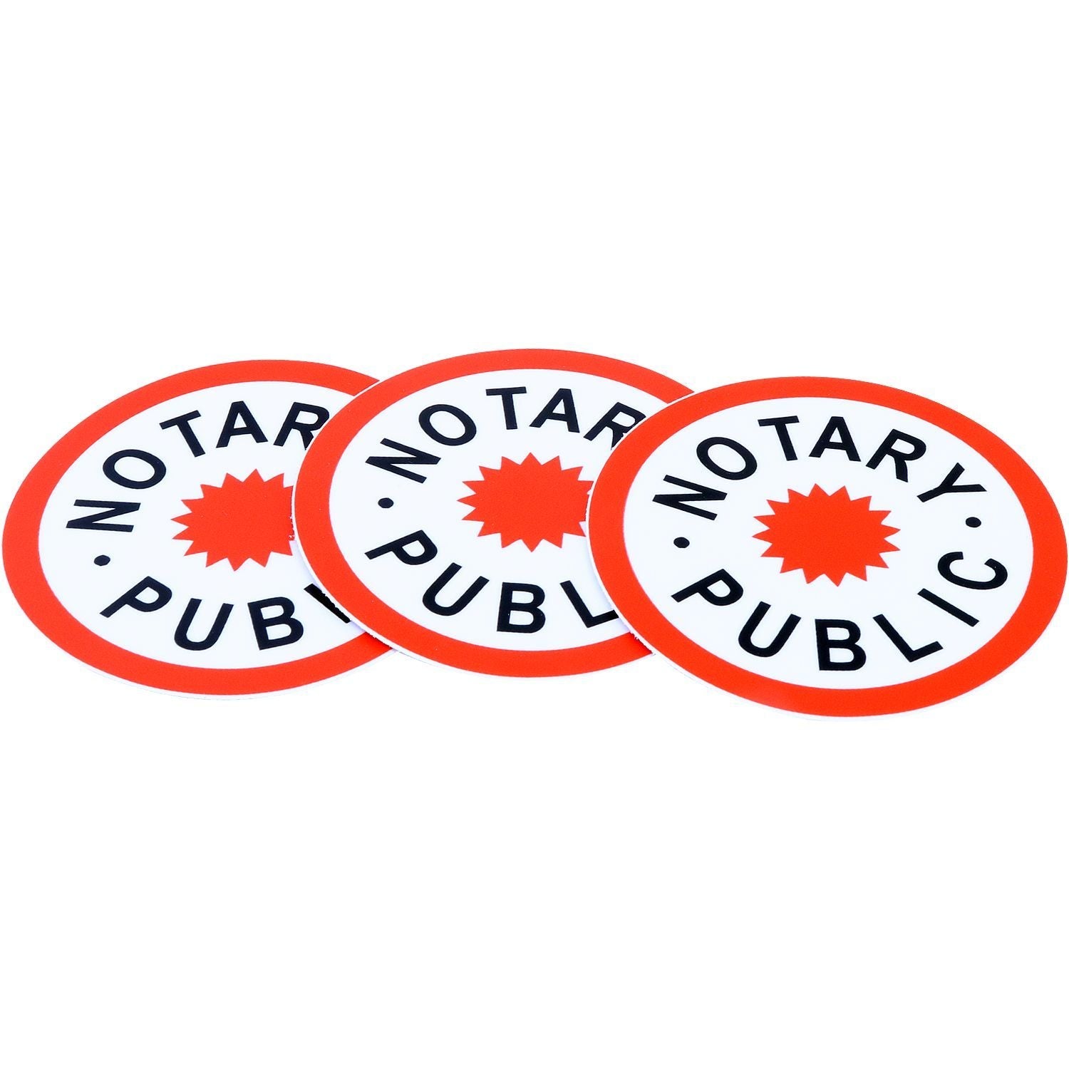 Three round Notary Public Decal stickers with a red border and starburst design in the center, arranged in a slightly overlapping manner.