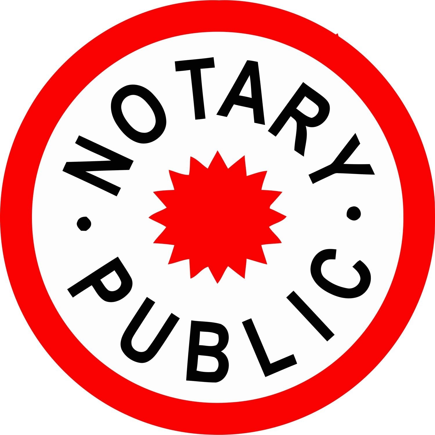 Red and white circular Notary Public Decal with bold black text and a red starburst in the center.