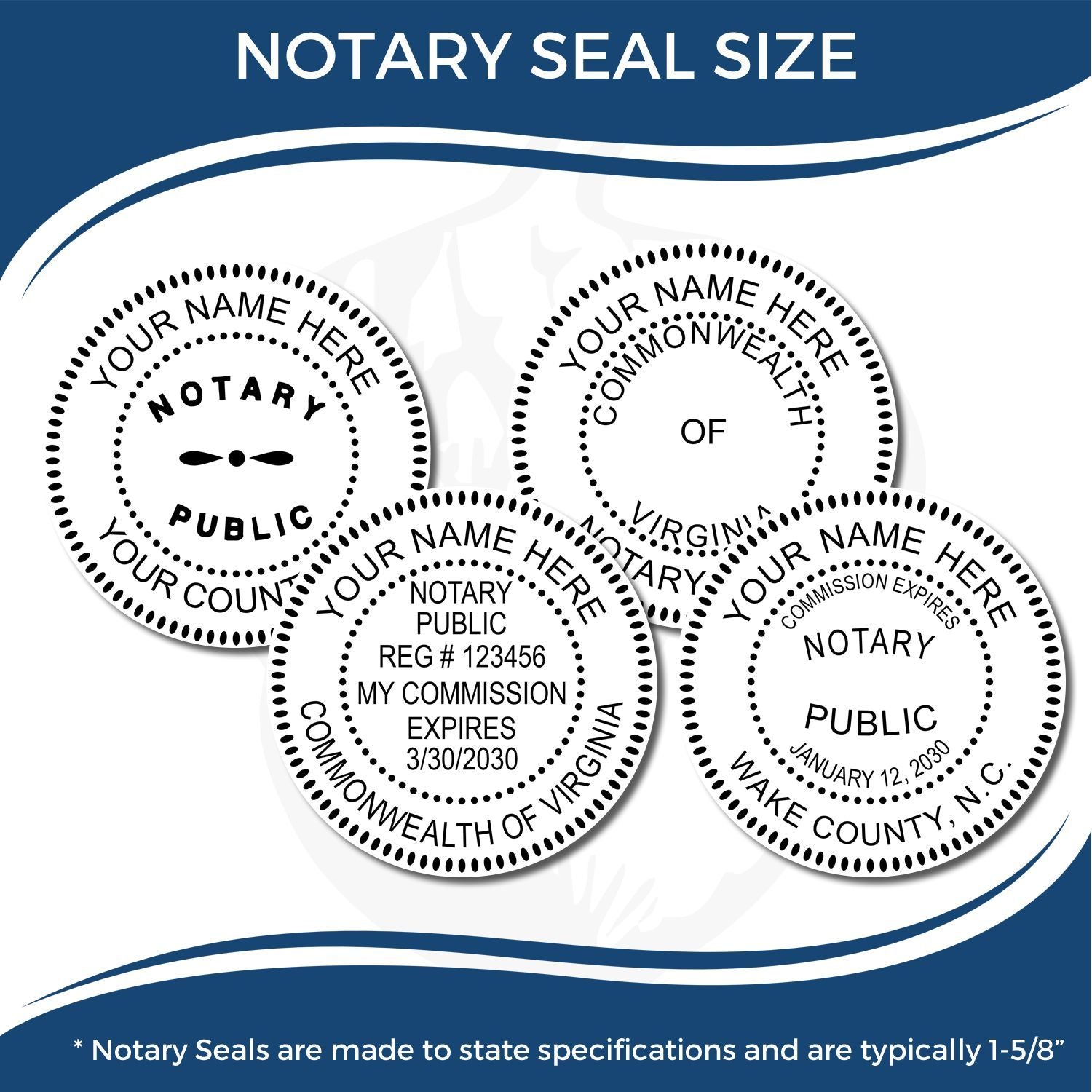 Image showing four sample notary seals with customizable text. The Red Soft Seal Notary Embosser creates these official seals.