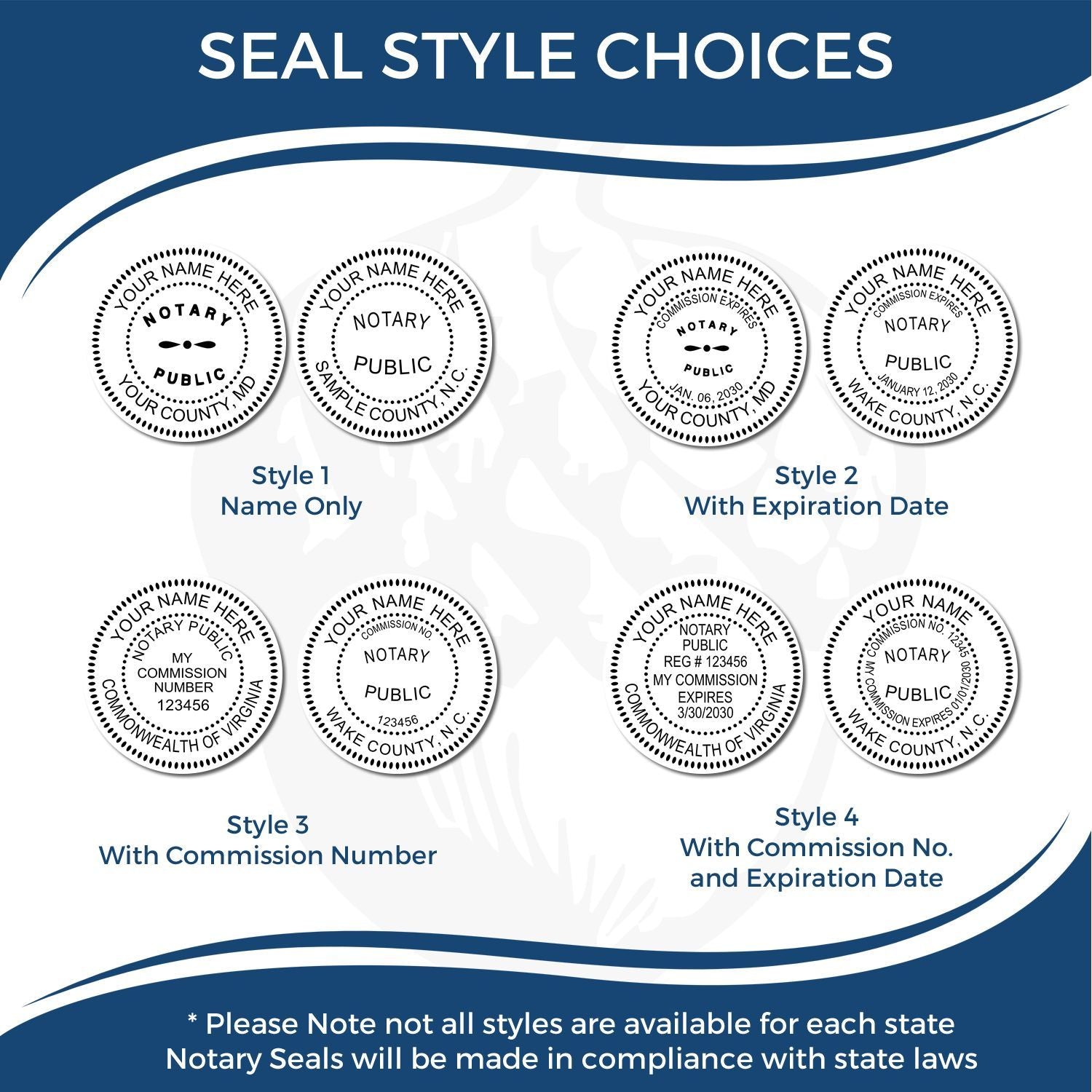 Image showing six different seal styles for the Long Reach Notary Seal Embosser, including options with name, expiration date, and commission number.