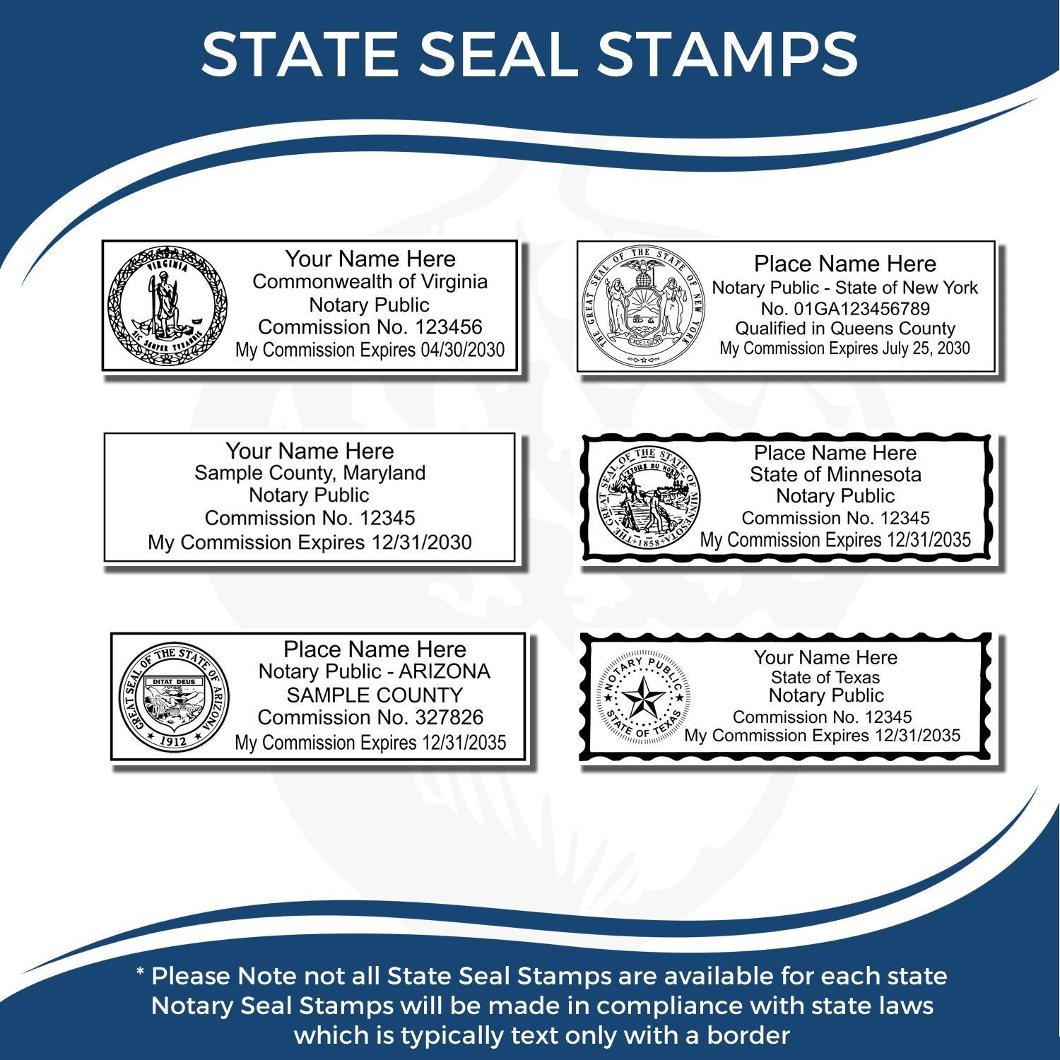Six MaxLight Pre-Inked State Seal Notary Stamps with various state designs, customizable with name, commission number, and expiration date.