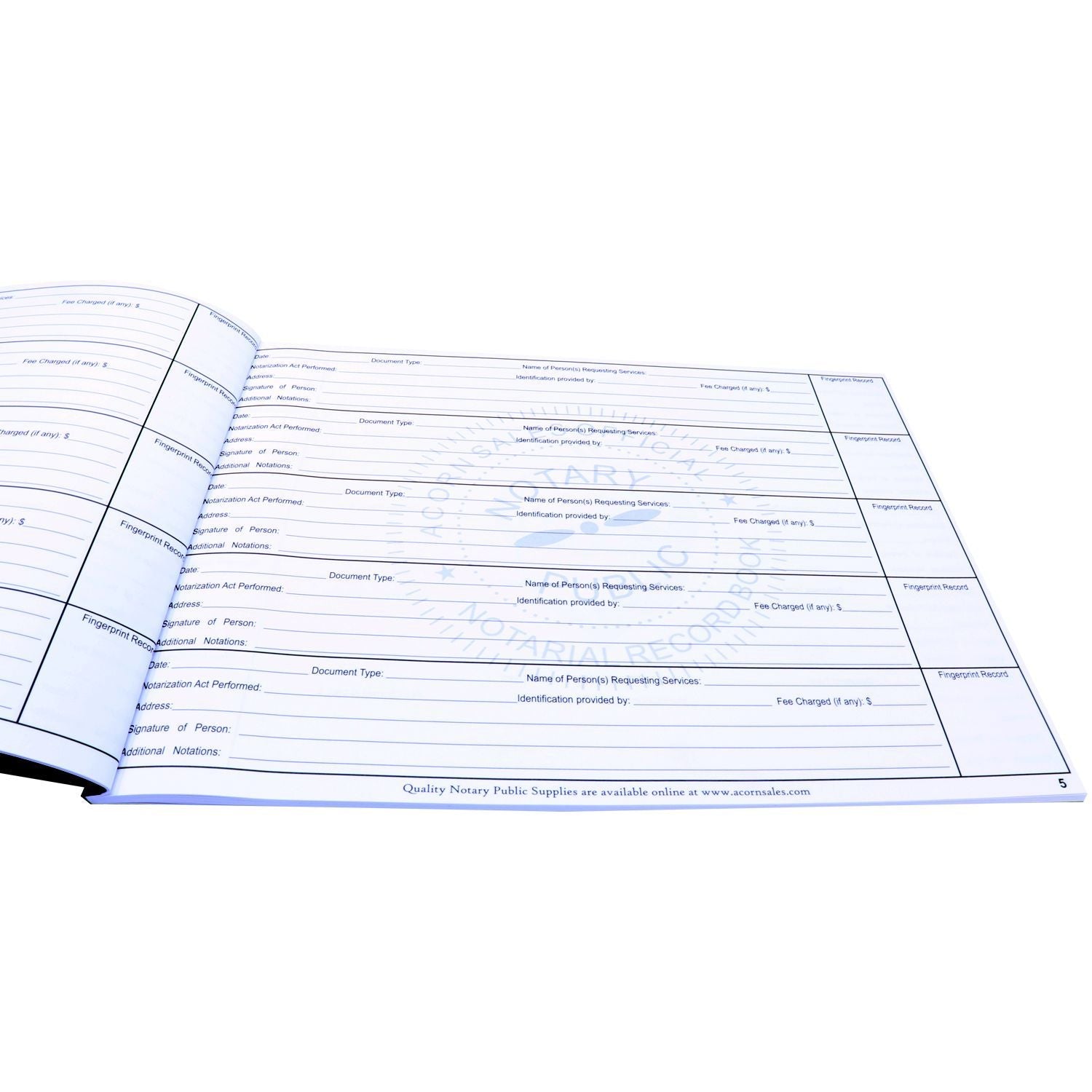 Open Official Notary Public Record Book showing blank, lined pages for recording notarial acts, with a watermark and company details at the bottom.