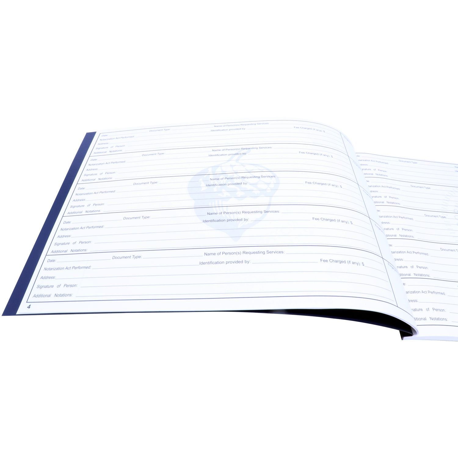 Open Official Notary Public Record Book showing lined pages for recording notarial acts, with a blue spine and white pages.