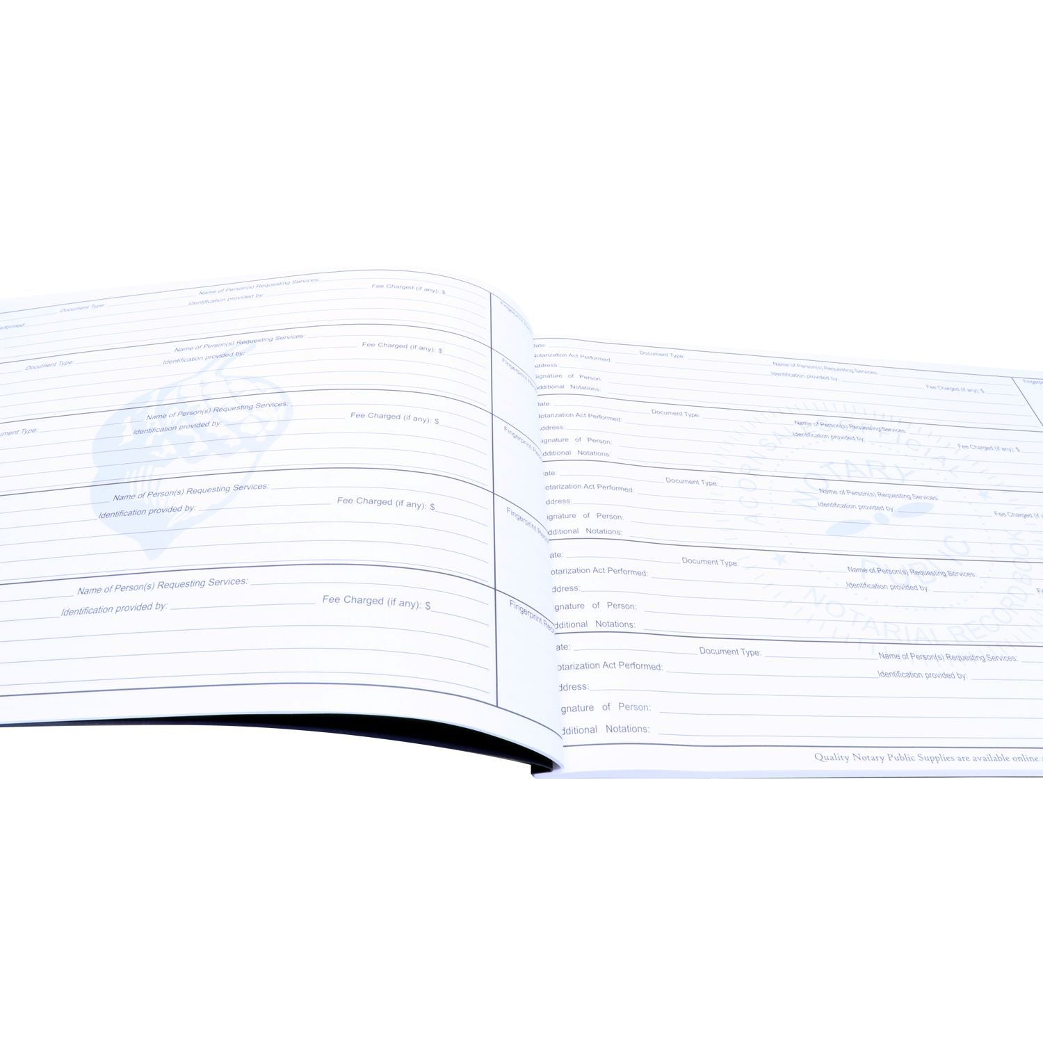 Open Official Notary Public Record Book showing lined pages with sections for recording notarial acts, fees, and identification details.