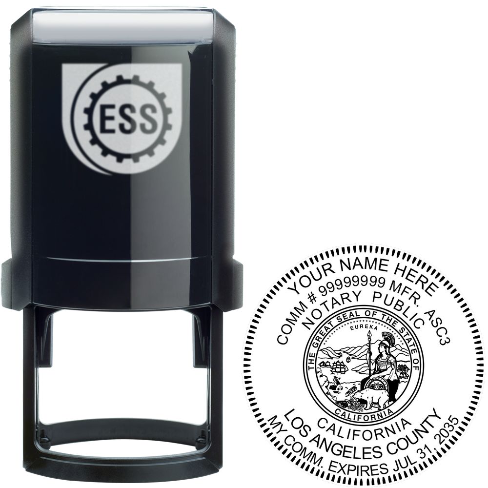 The main image for the Official Self-Inking California Notary Stamp depicting a sample of the imprint and electronic files