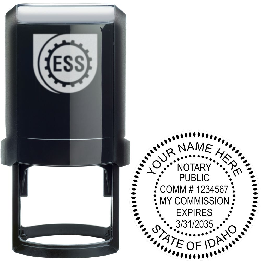 The main image for the Official Self-Inking Idaho Notary Stamp depicting a sample of the imprint and electronic files