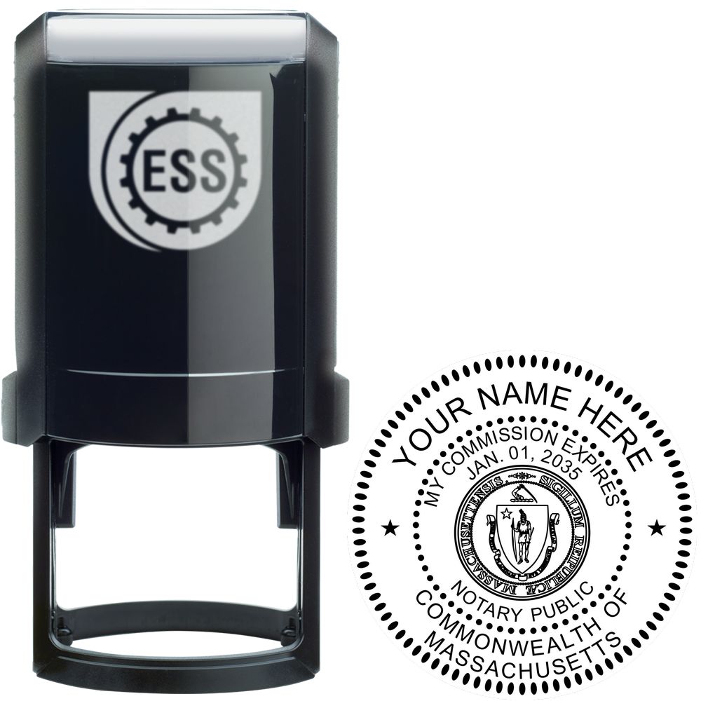 The main image for the Official Self-Inking Massachusetts Notary Stamp depicting a sample of the imprint and electronic files