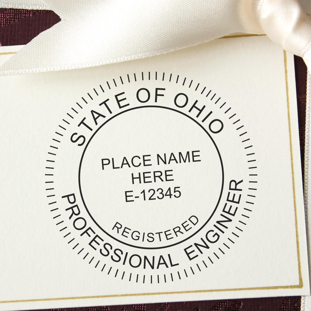 A lifestyle photo showing a stamped image of the Ohio Professional Engineer Seal Stamp on a piece of paper