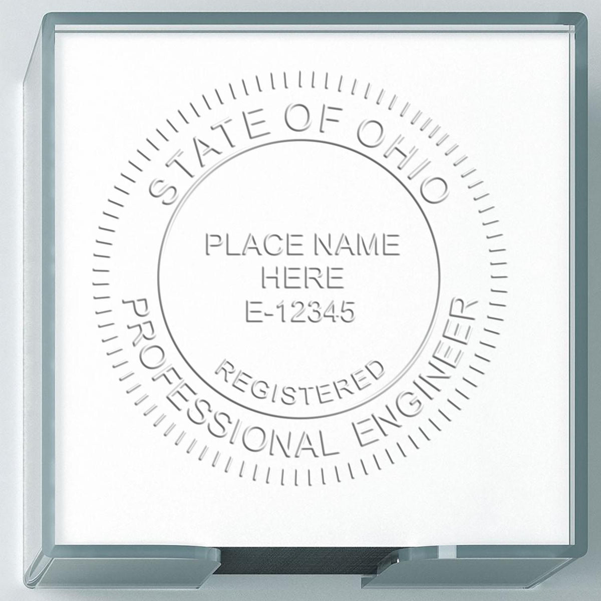 An alternative view of the Heavy Duty Cast Iron Ohio Engineer Seal Embosser stamped on a sheet of paper showing the image in use
