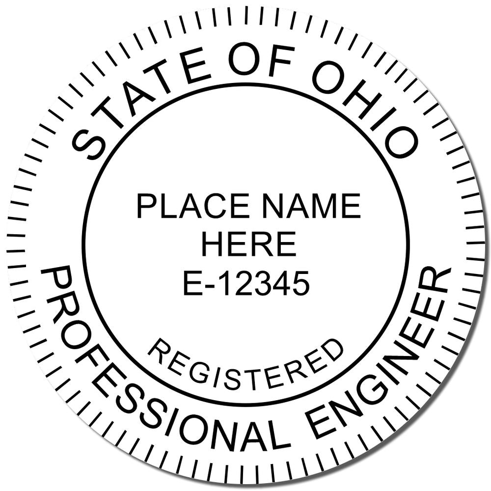 A photograph of the Self-Inking Ohio PE Stamp stamp impression reveals a vivid, professional image of the on paper.