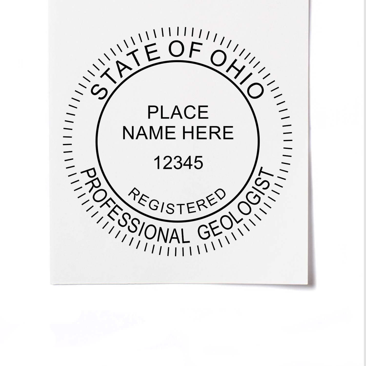 The main image for the Slim Pre-Inked Ohio Professional Geologist Seal Stamp depicting a sample of the imprint and imprint sample
