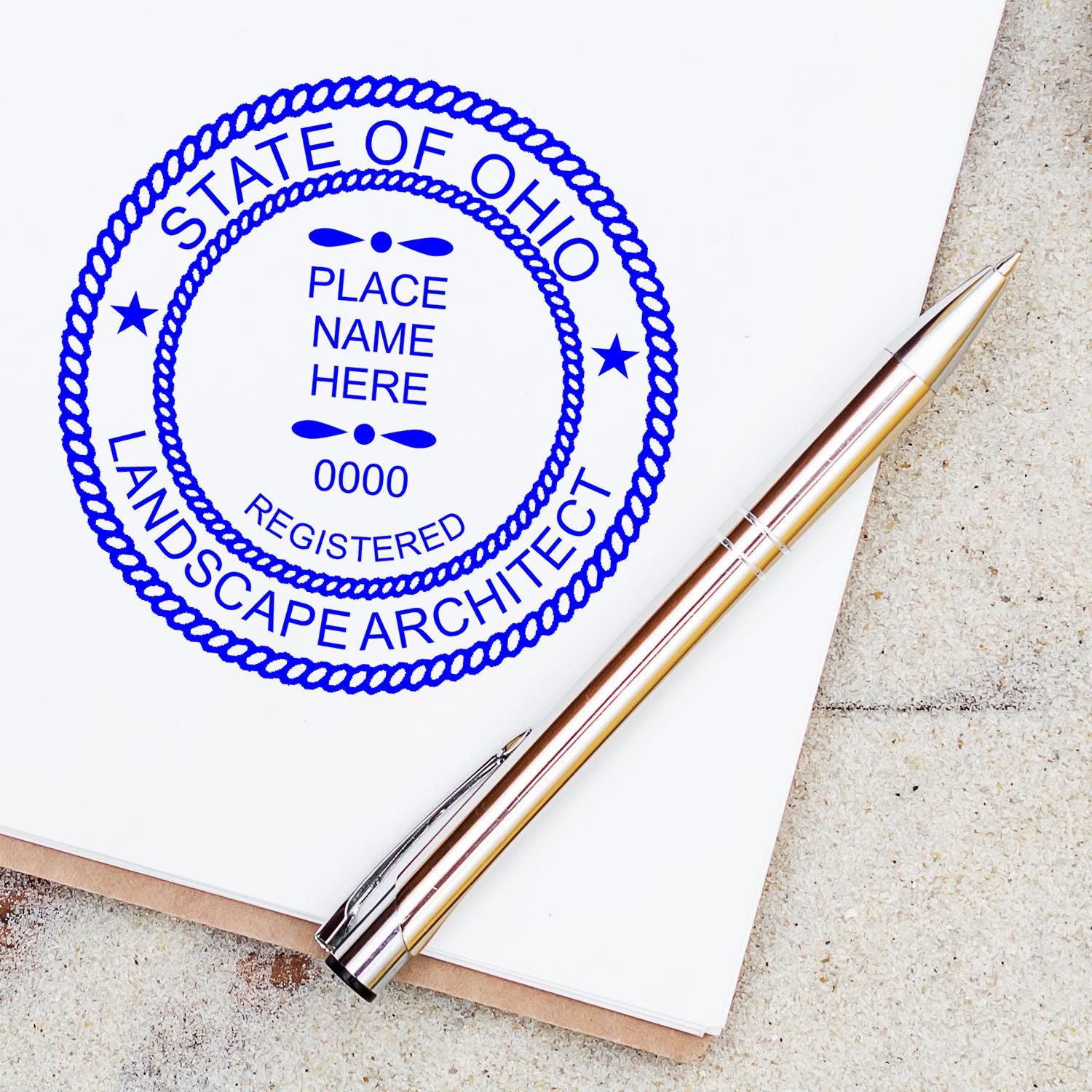This paper is stamped with a sample imprint of the Self-Inking Ohio Landscape Architect Stamp, signifying its quality and reliability.