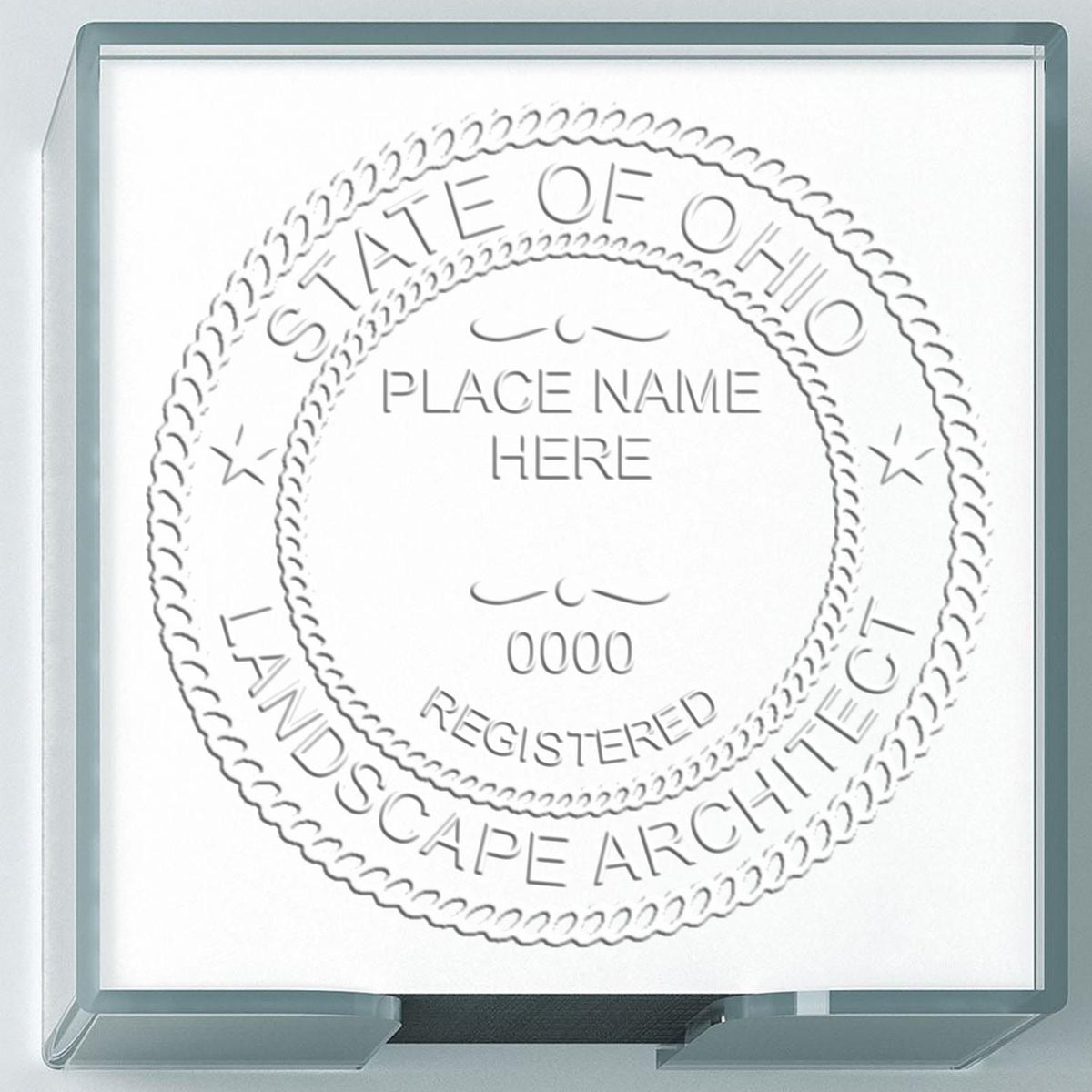 An in use photo of the Hybrid Ohio Landscape Architect Seal showing a sample imprint on a cardstock
