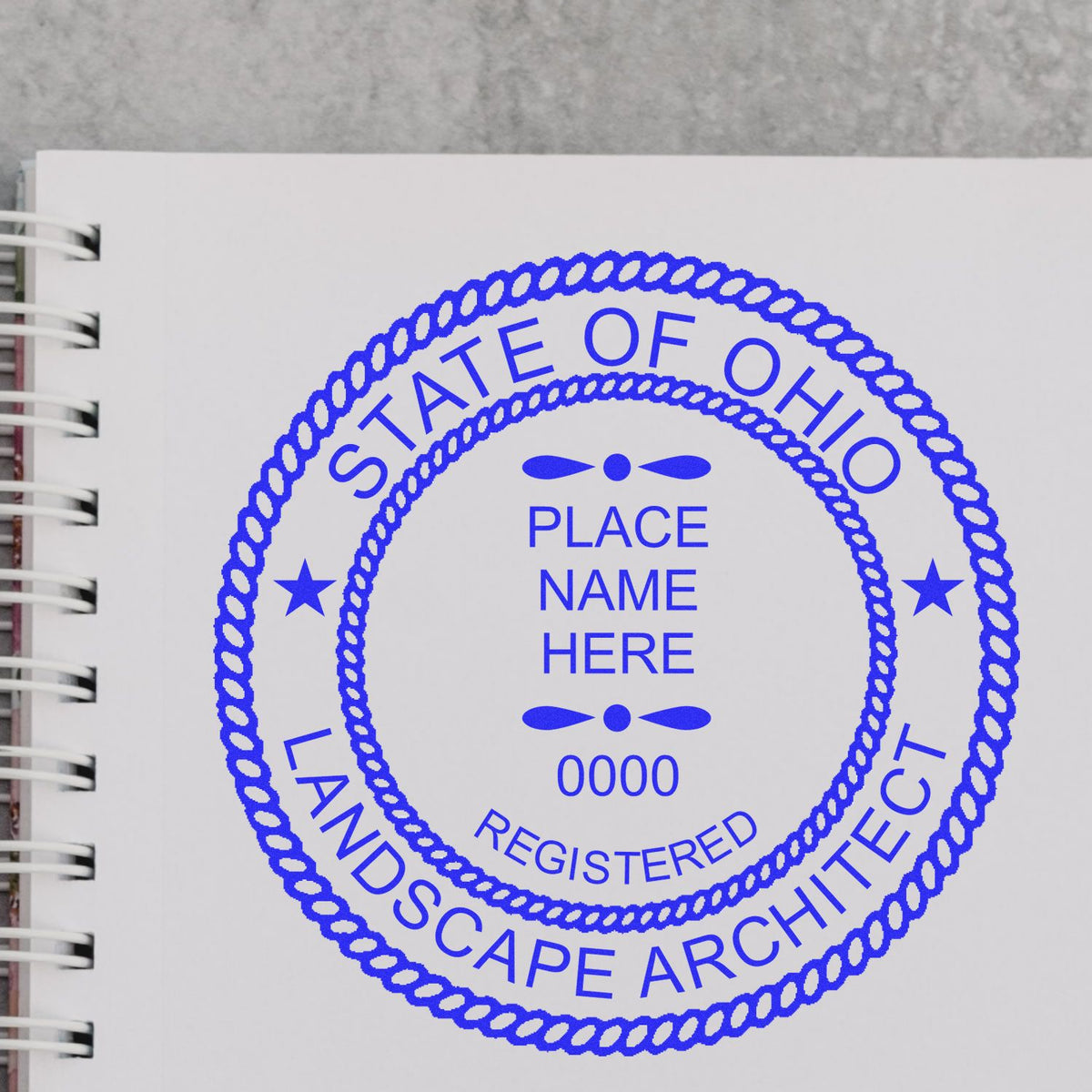 An alternative view of the Slim Pre-Inked Ohio Landscape Architect Seal Stamp stamped on a sheet of paper showing the image in use