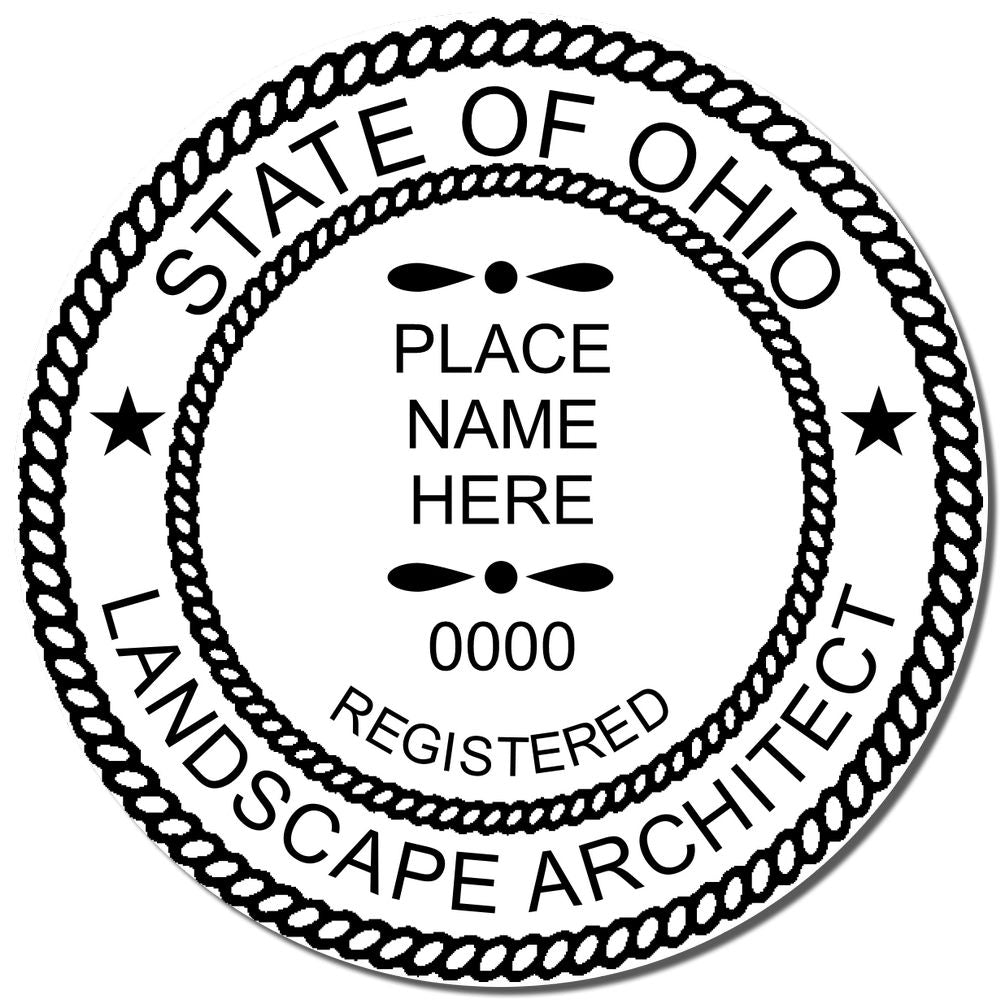 A lifestyle photo showing a stamped image of the Slim Pre-Inked Ohio Landscape Architect Seal Stamp on a piece of paper