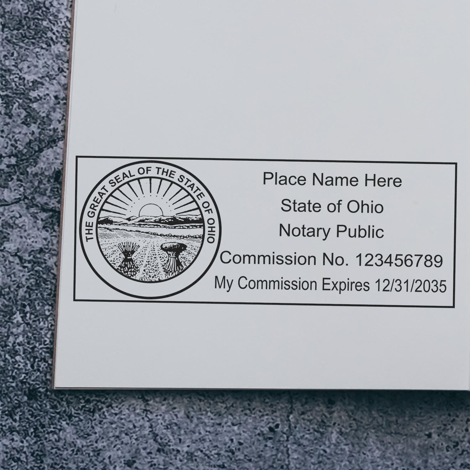 The main image for the MaxLight Premium Pre-Inked Ohio State Seal Notarial Stamp depicting a sample of the imprint and electronic files