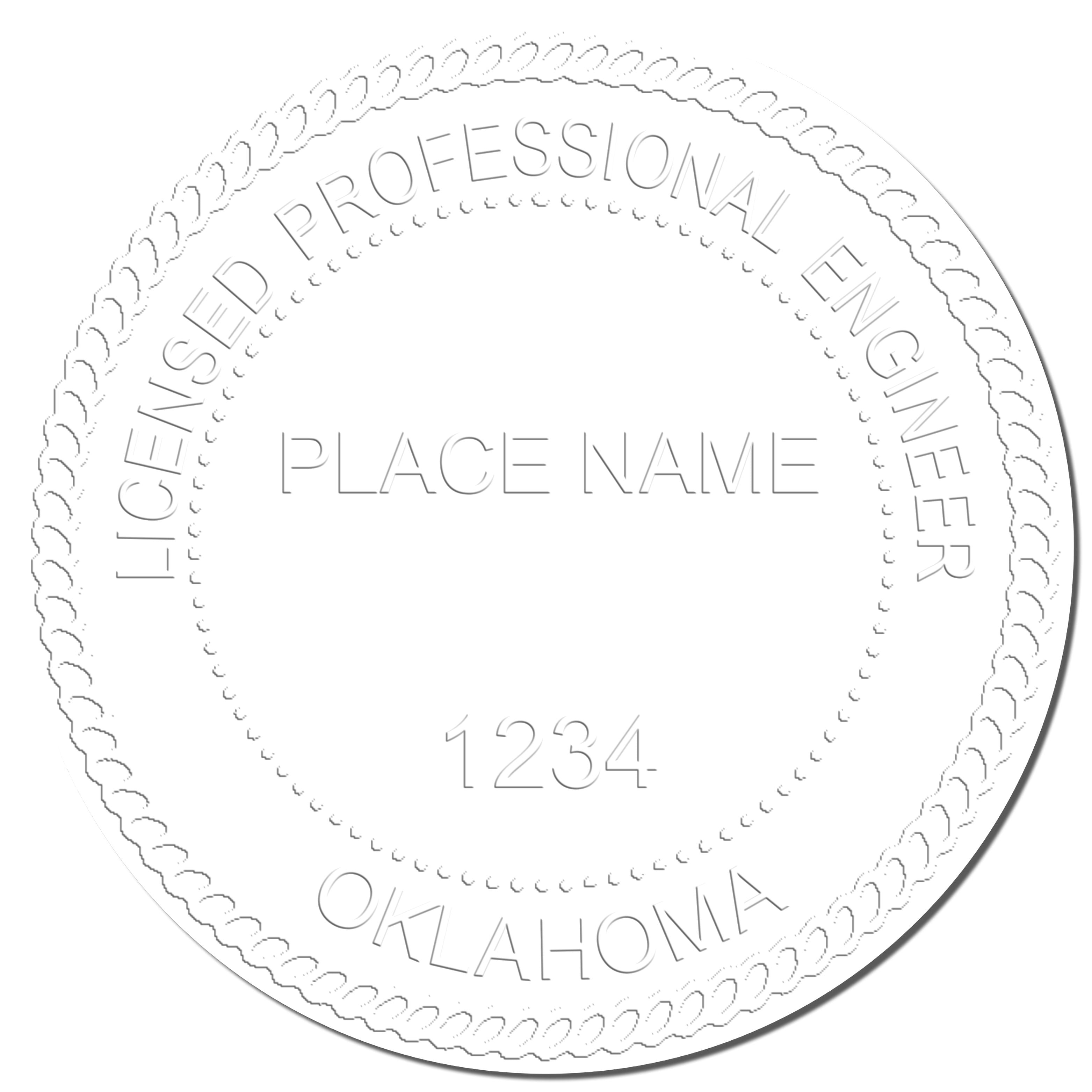 A photograph of the Handheld Oklahoma Professional Engineer Embosser stamp impression reveals a vivid, professional image of the on paper.