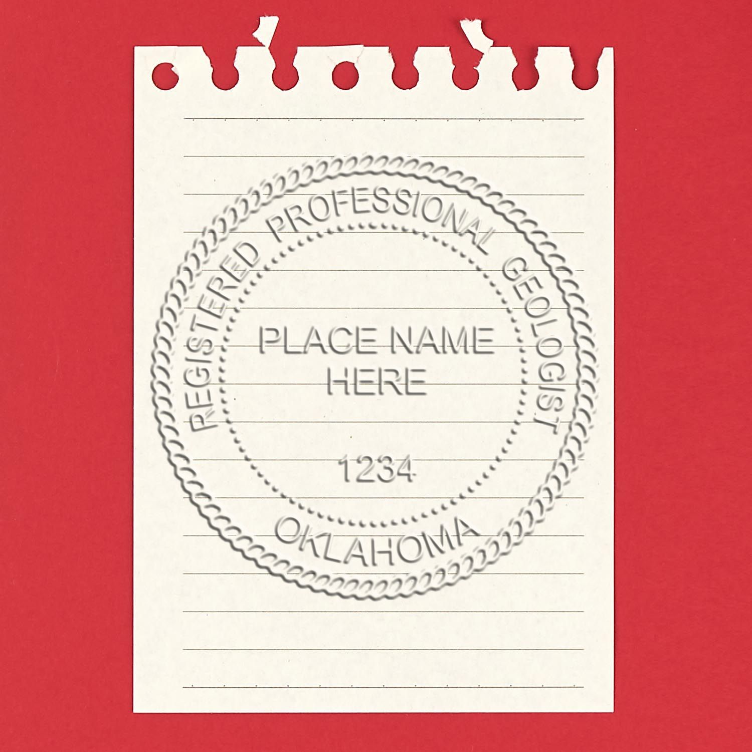 An alternative view of the State of Oklahoma Extended Long Reach Geologist Seal stamped on a sheet of paper showing the image in use