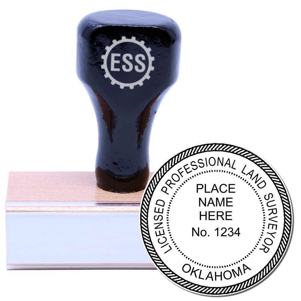 Oklahoma Land Surveyor Seal Stamp, OK PLS Stamp with wooden handle and circular imprint showing Licensed Professional Land Surveyor Oklahoma.