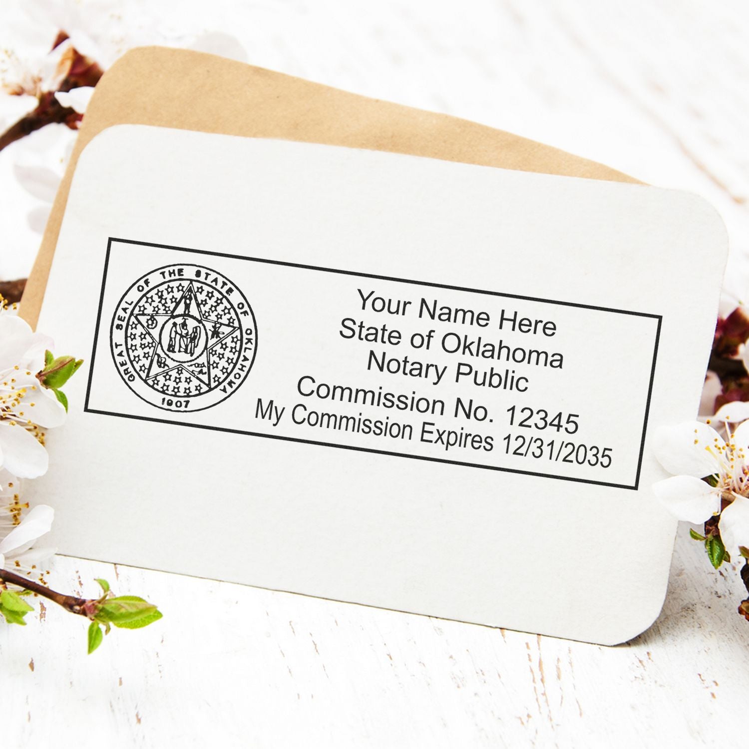 The main image for the Heavy-Duty Oklahoma Rectangular Notary Stamp depicting a sample of the imprint and electronic files