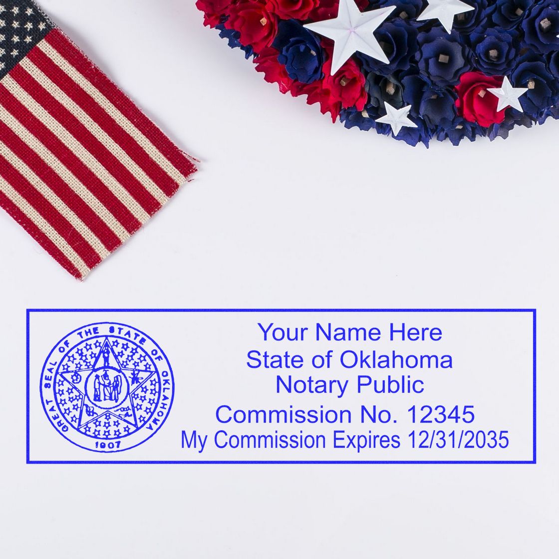The main image for the Super Slim Oklahoma Notary Public Stamp depicting a sample of the imprint and electronic files