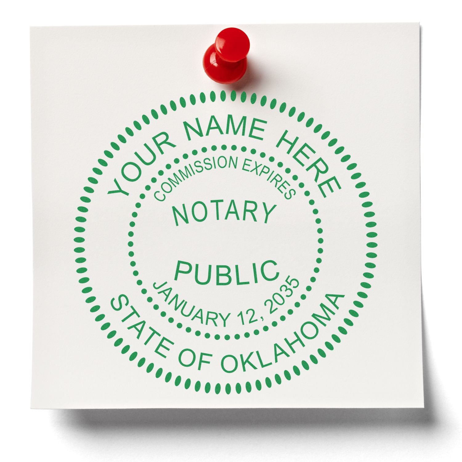 A photograph of the Heavy-Duty Round Oklahoma Notary Stamp stamp impression reveals a vivid, professional image of the on paper.